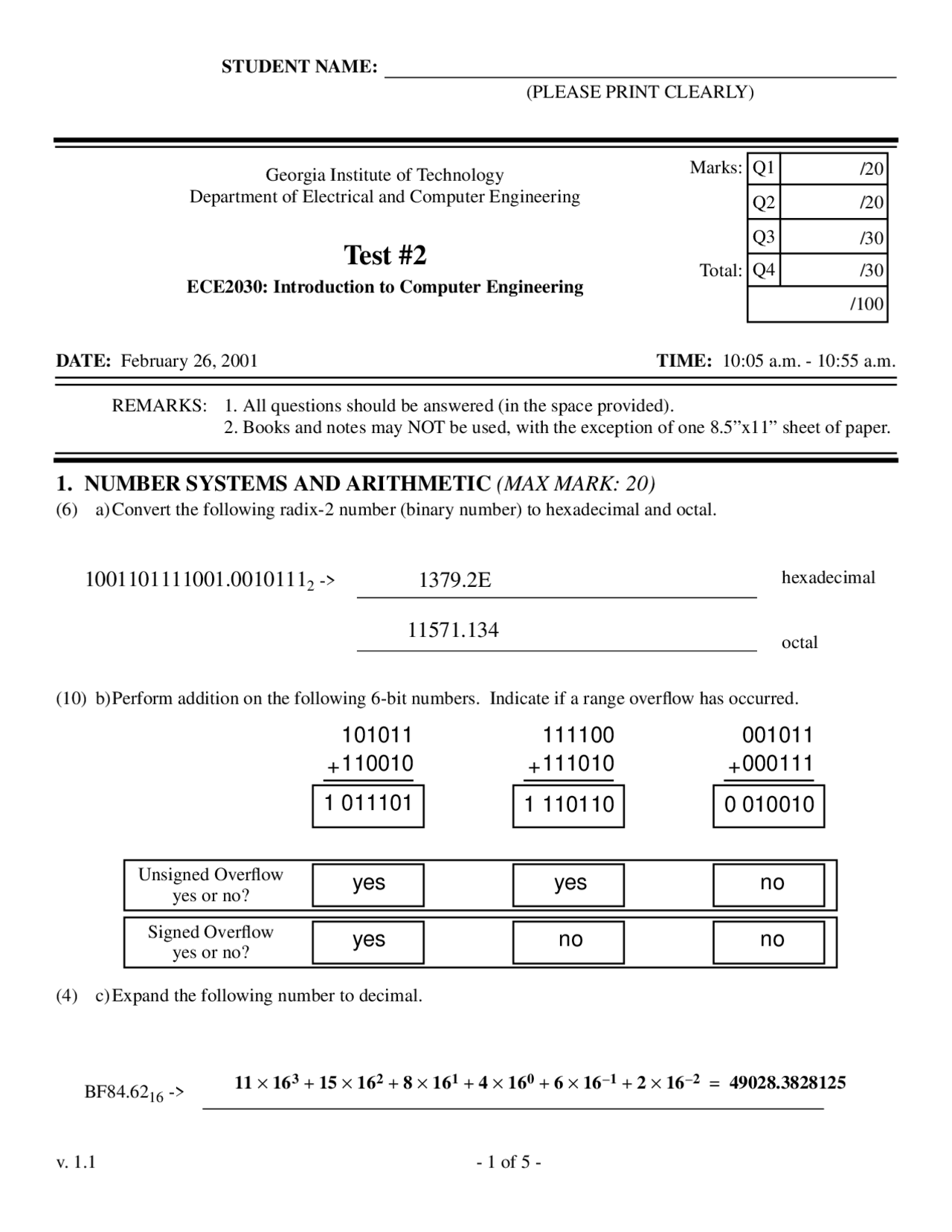 Logic Circuit - Computer Engineering - Solved Exam - Docsity