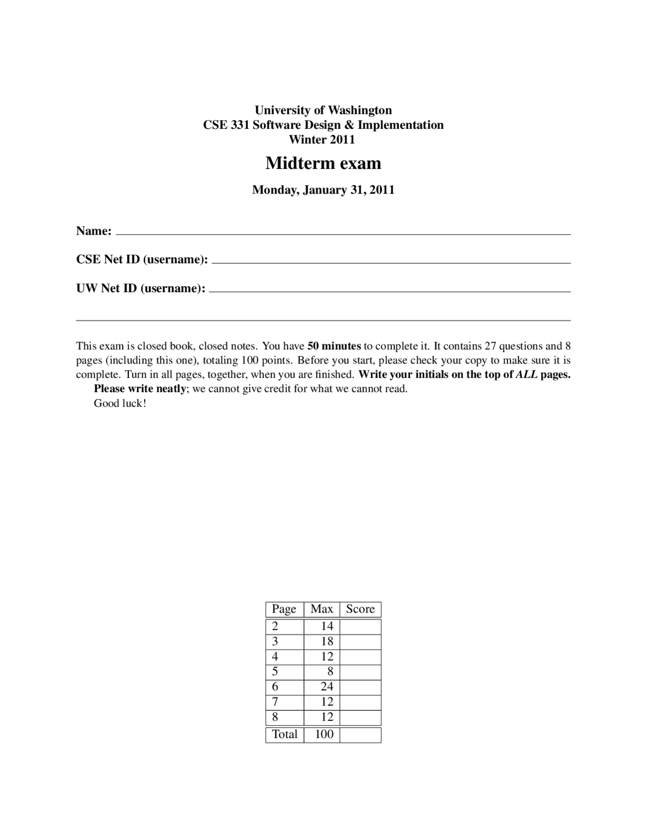 Sequence of Method - Software Design and Implementation - Past Exam ...
