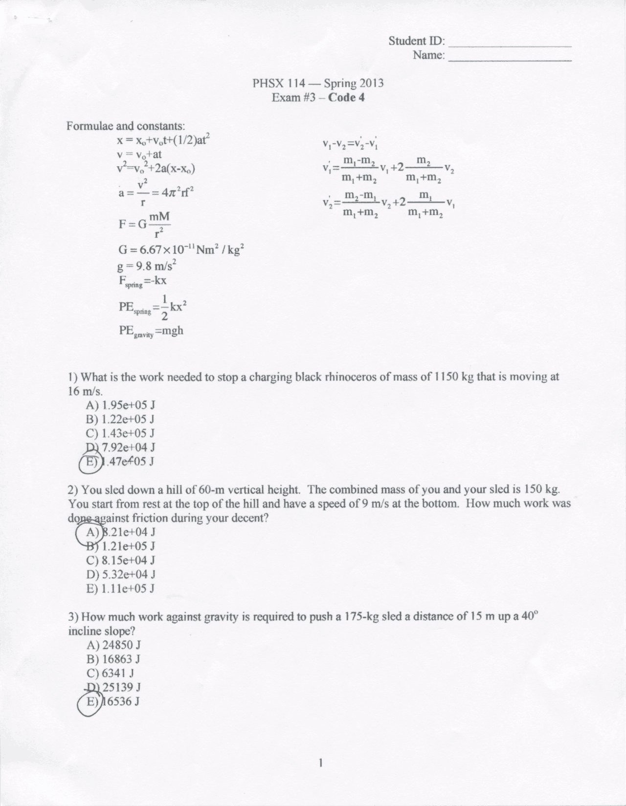Exam 3 with Answers - College Physics I | PHSX 114 - Docsity