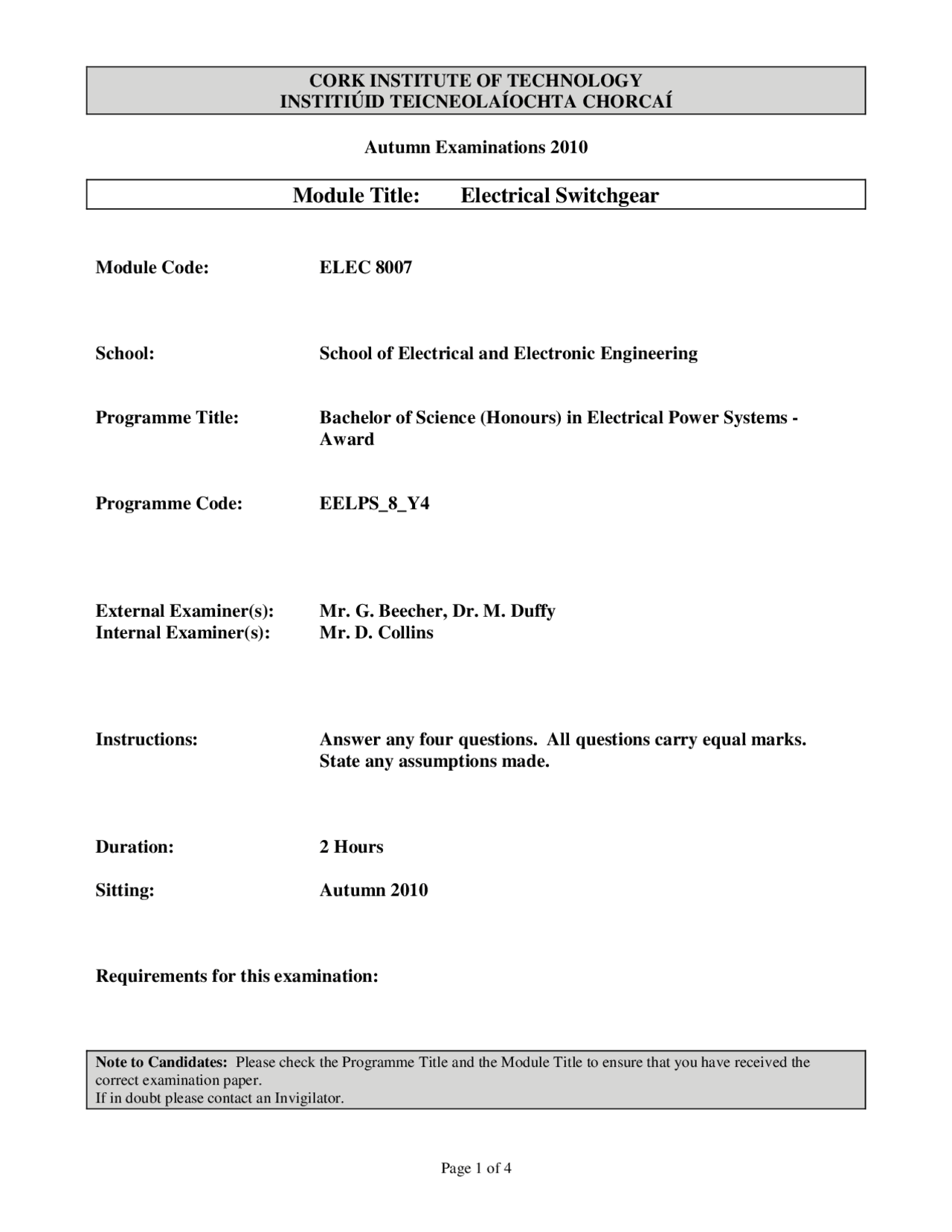 Isolated (IT) Electrical Switchgear Past Exam Paper Docsity