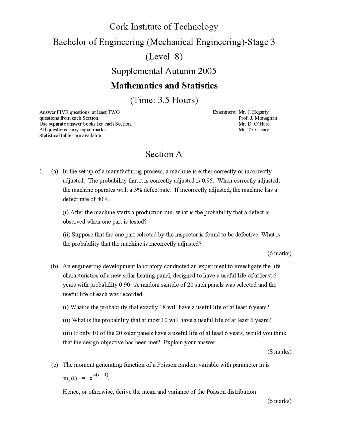 Solar Heating Panel - Mathematics and Statistics - Exam - Docsity