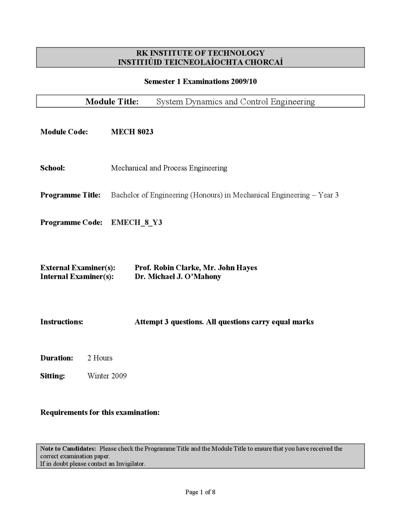 Armature Current - Systems Dynamics and Control Engineering - Exam ...