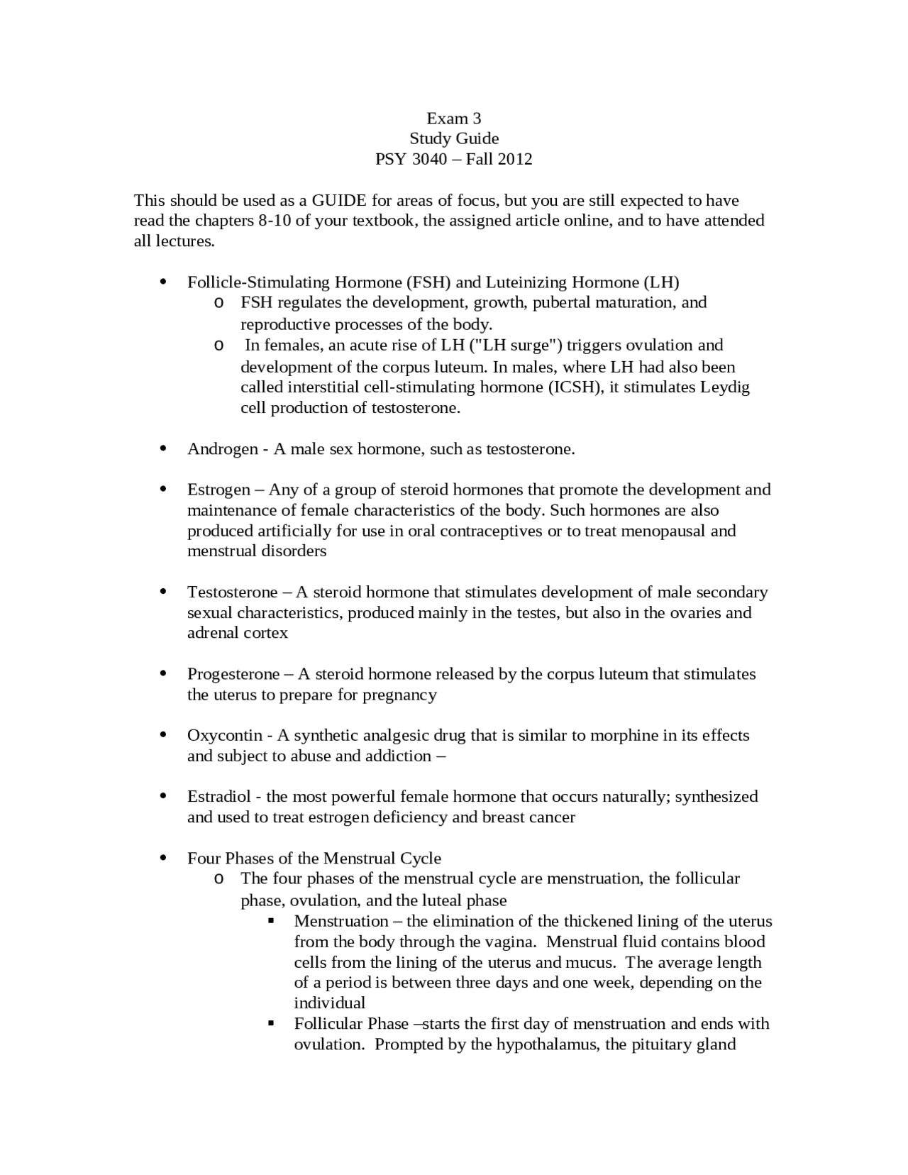 Exam 3 Study Guide Fall 2012 - Psychological of Gender | PSY 3040 ...