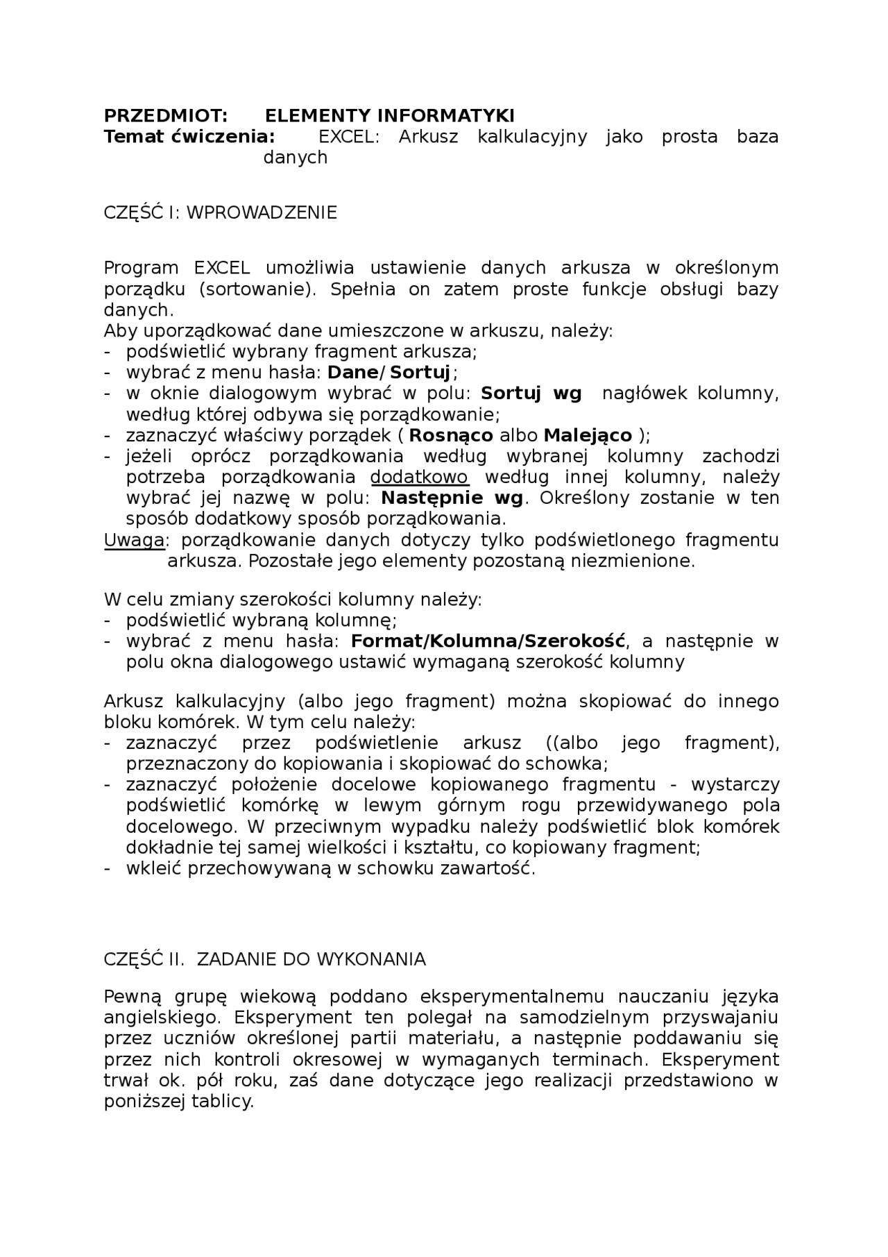 Arkusz kalkulacyjny jako prosta baza danych - Notatki - Elementy
