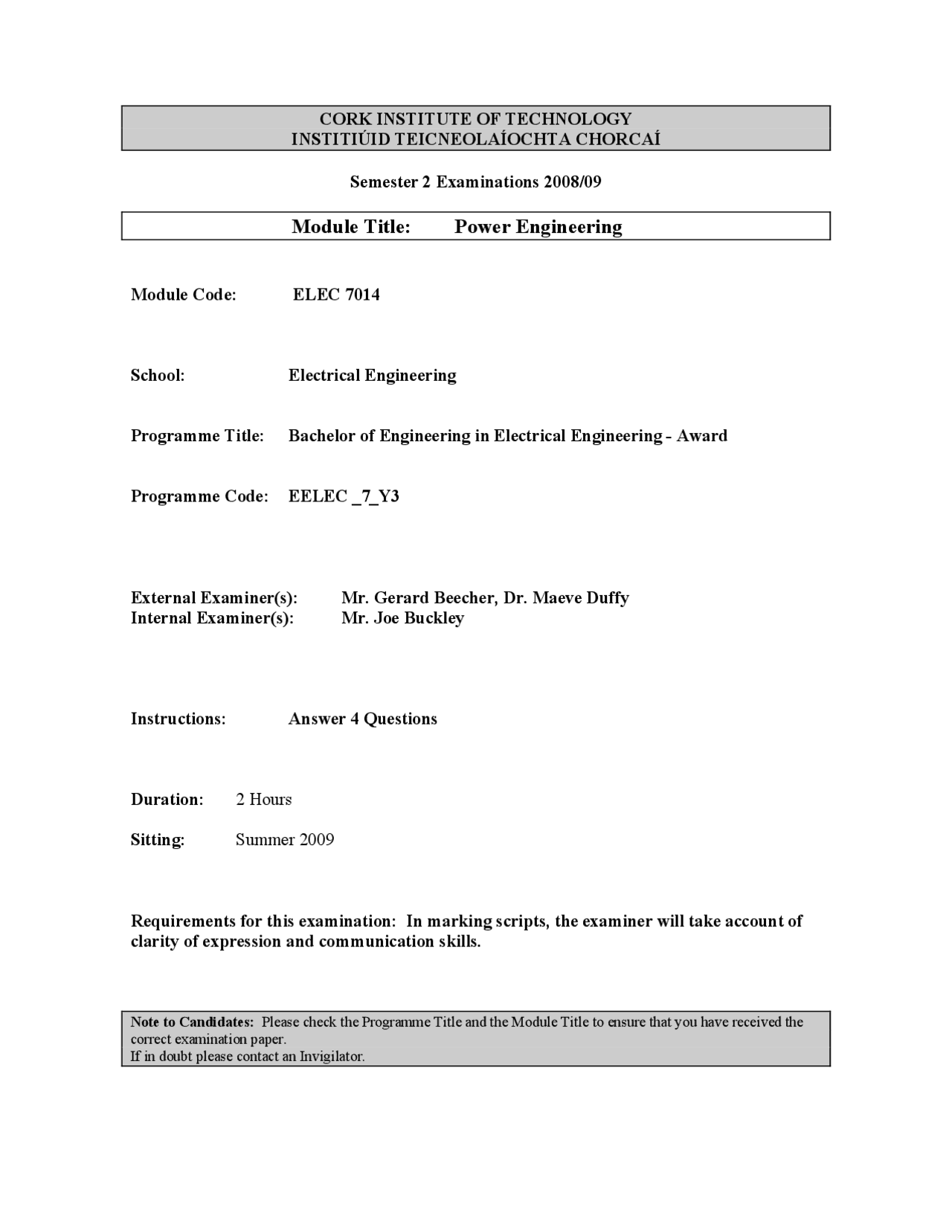 Fundamental Current - Power Engineering - Past Exam Paper - Docsity
