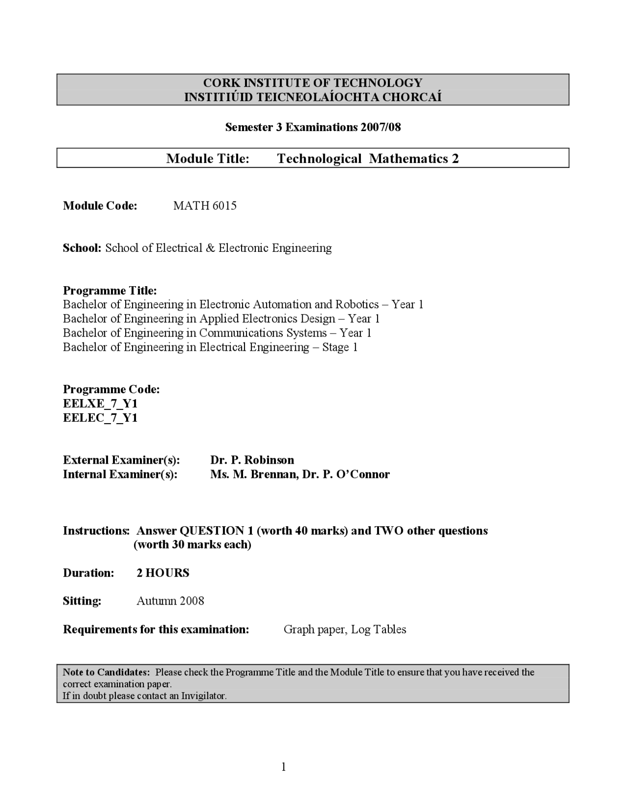 Power Tech Technology Math Exam Integral - Technological Mathematics - Past Exam Paper - Docsity