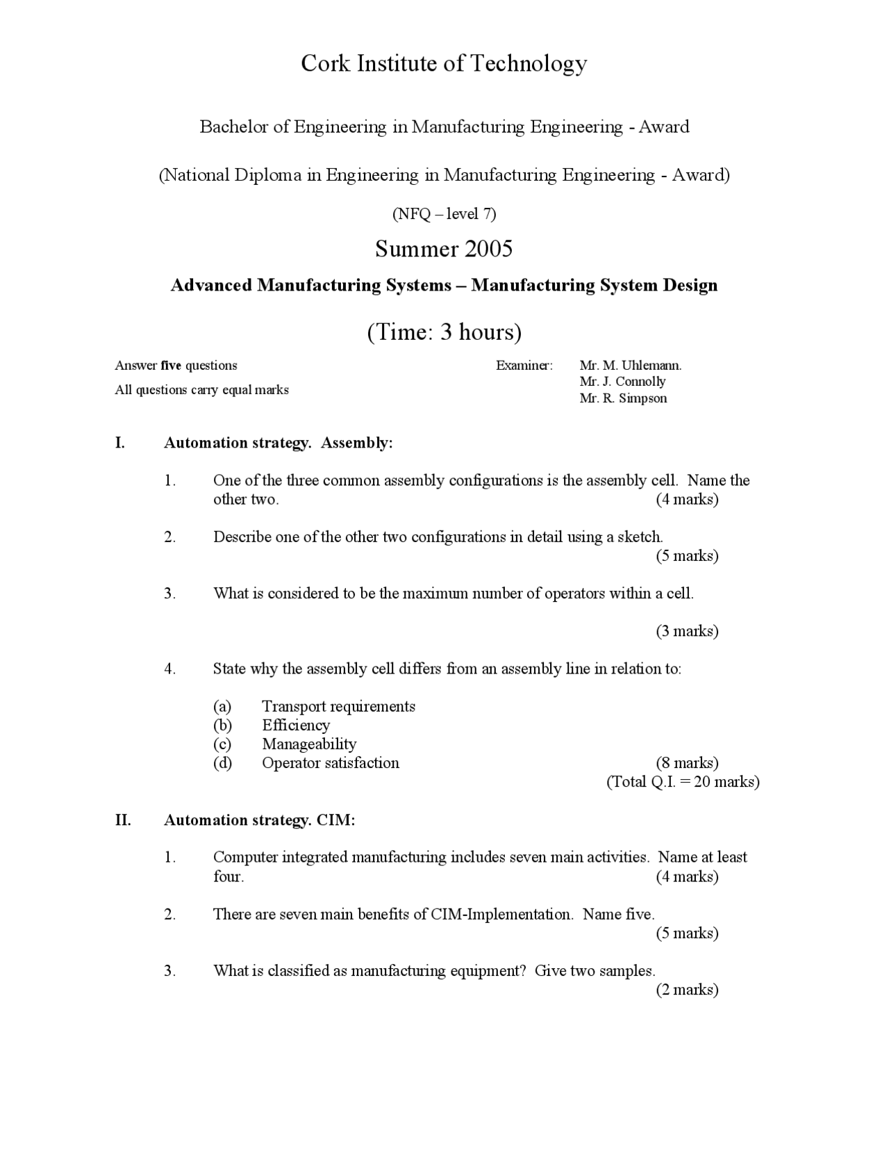 Manufacturing Test Sample Design for Manufacture - Manufacturing Systems - Exam - Docsity