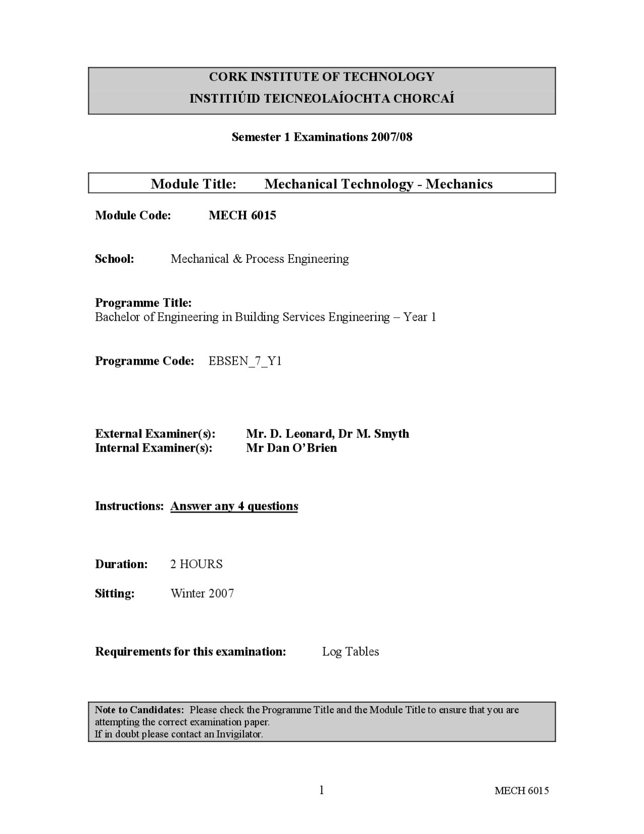 Mechanics - Mechanical Technology - Exam - Docsity