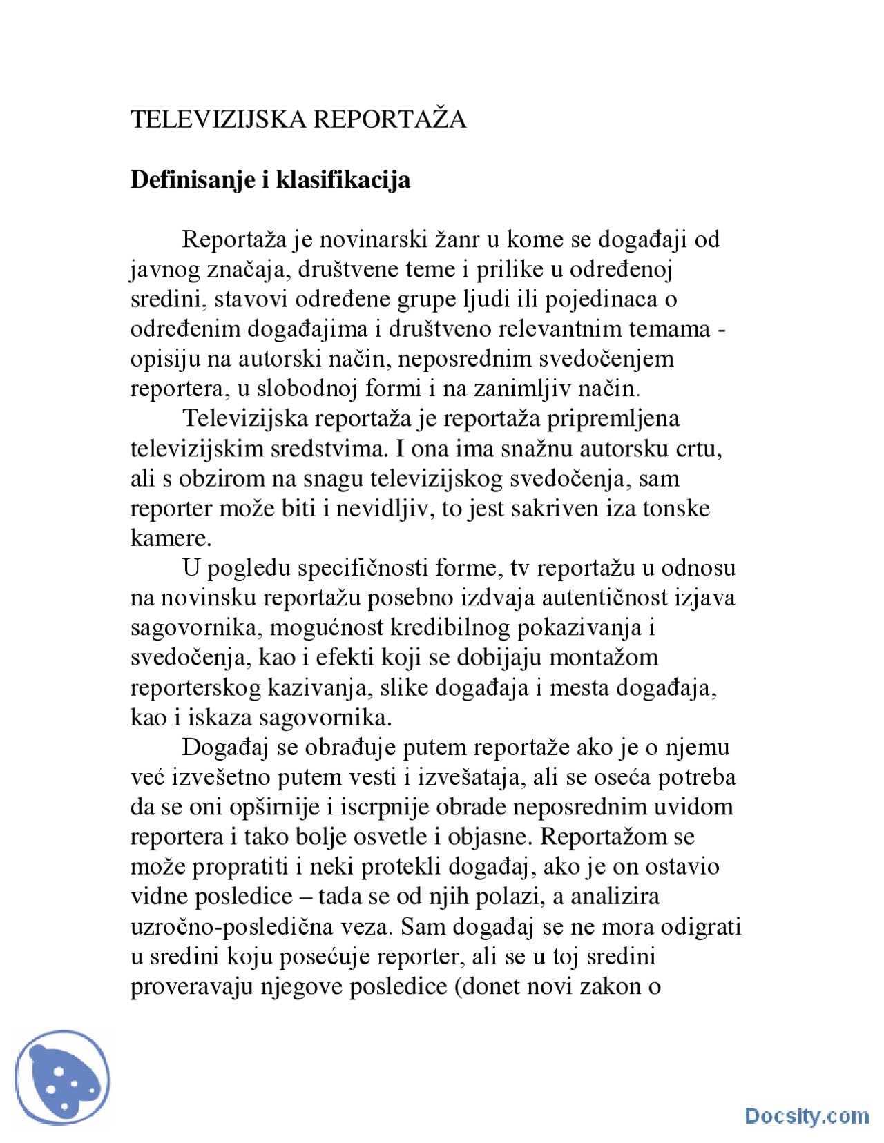 TV reportaza-Televizijsko novinarstvo-Skripta-Novinarstvo | Rezime ...