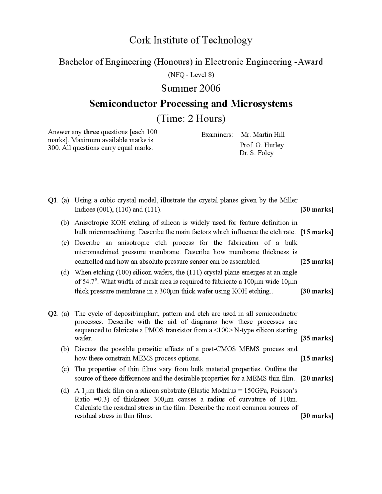 Exam Questions for Semiconductor Processing and Microsystems in ...