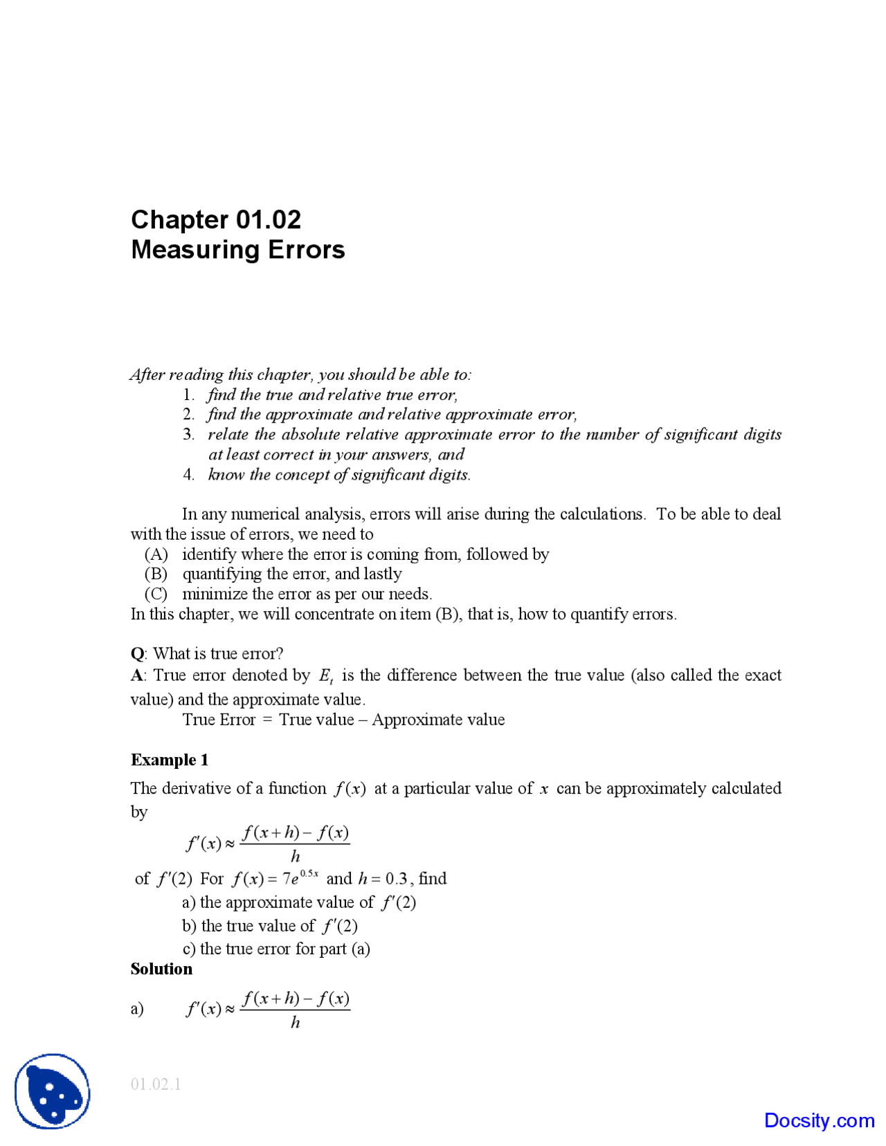 Measuring Errors - Numerical Analysis - Solved Exam - Docsity