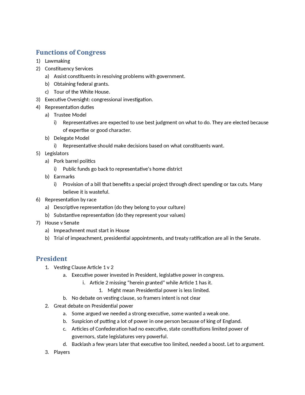 Functions of Congress American Government Test 3 Notes POLS 1101