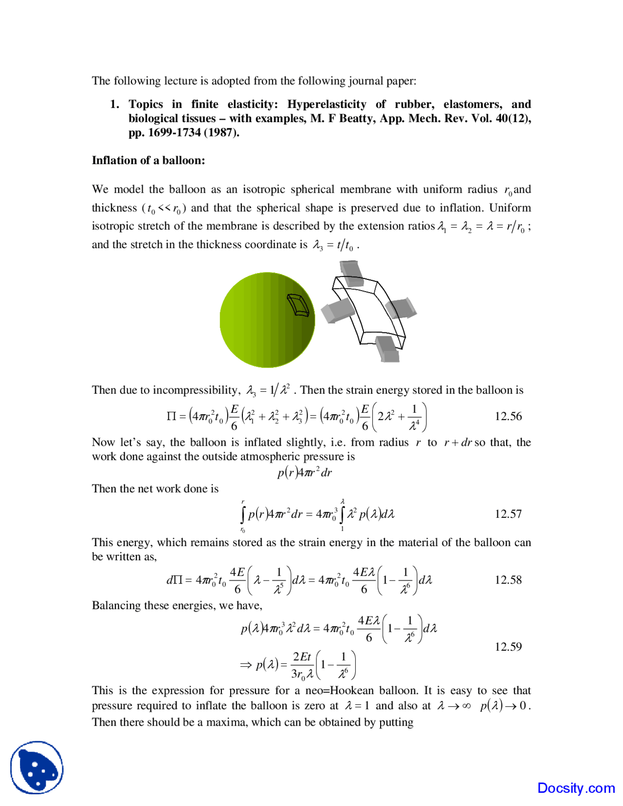 Inflation of Balloon Mechanics of Soft Materials Lecture Notes