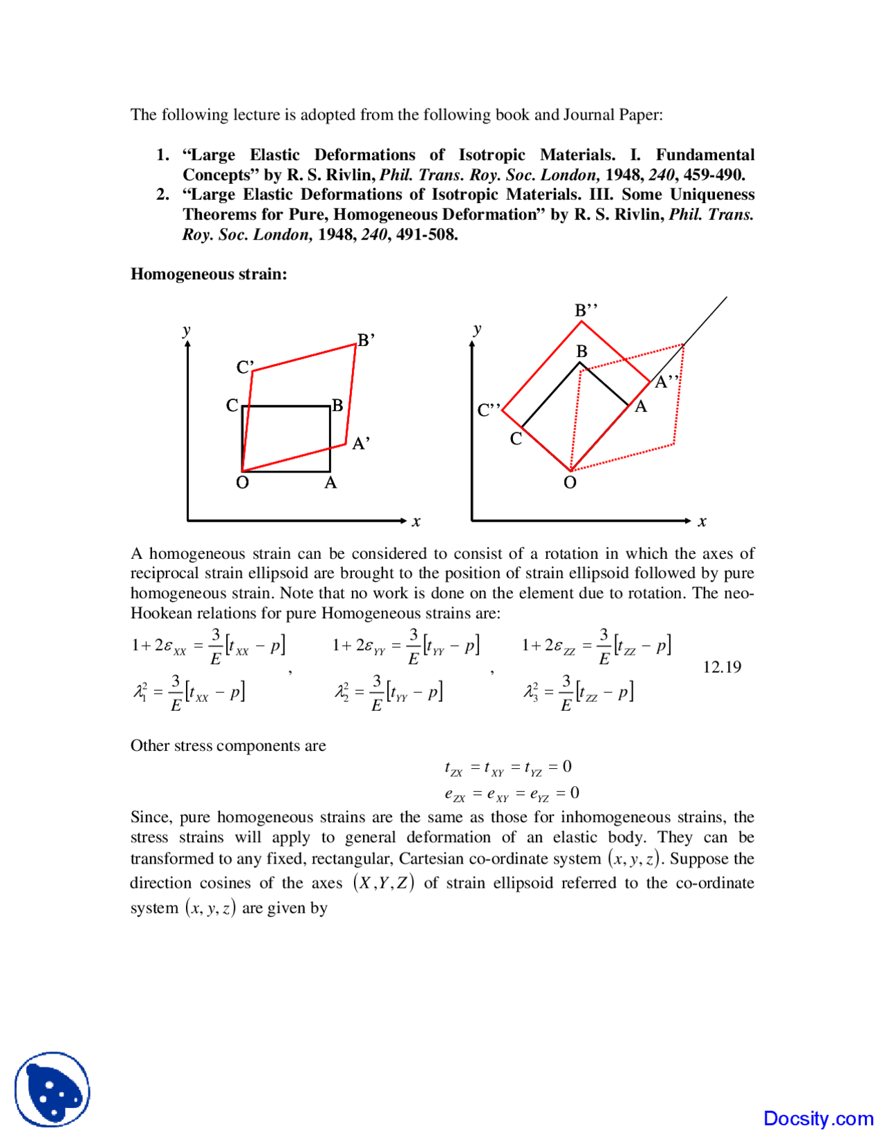 Homogeneous Strain - Mechanics of Soft Materials - Lecture Notes - Docsity