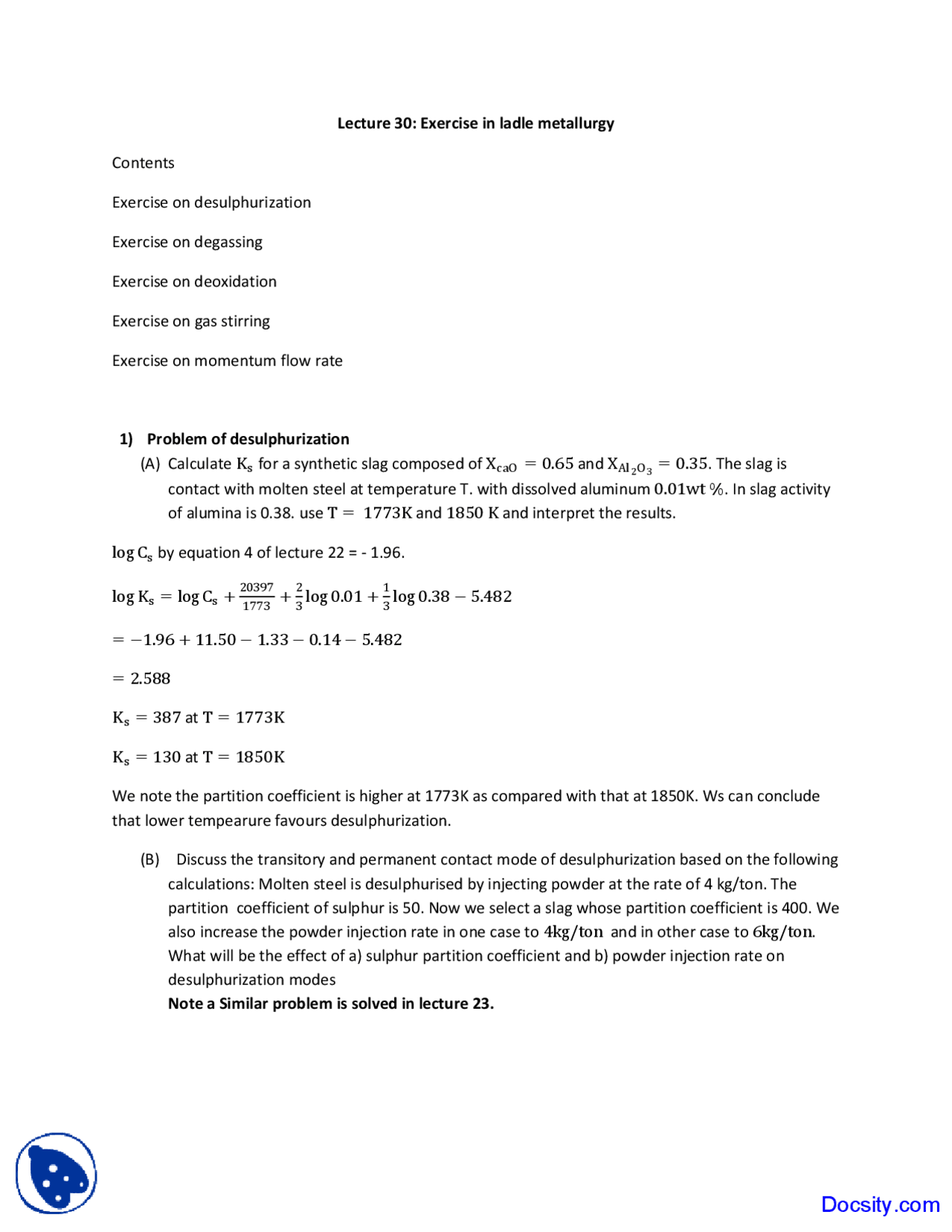 Exercise in Ladle Metallurgy - Steel Making - Lecture Notes | Exercises ...