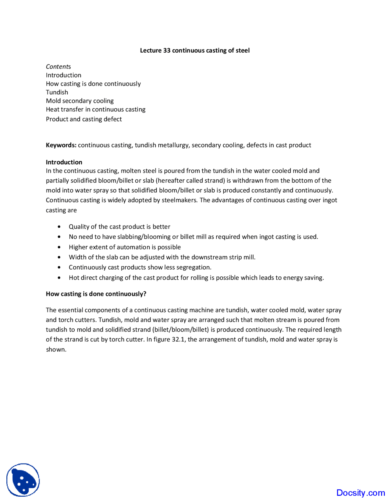 Cast Steel Notes Continuous Casting of Steel - Steel Making - Lecture Notes - Docsity