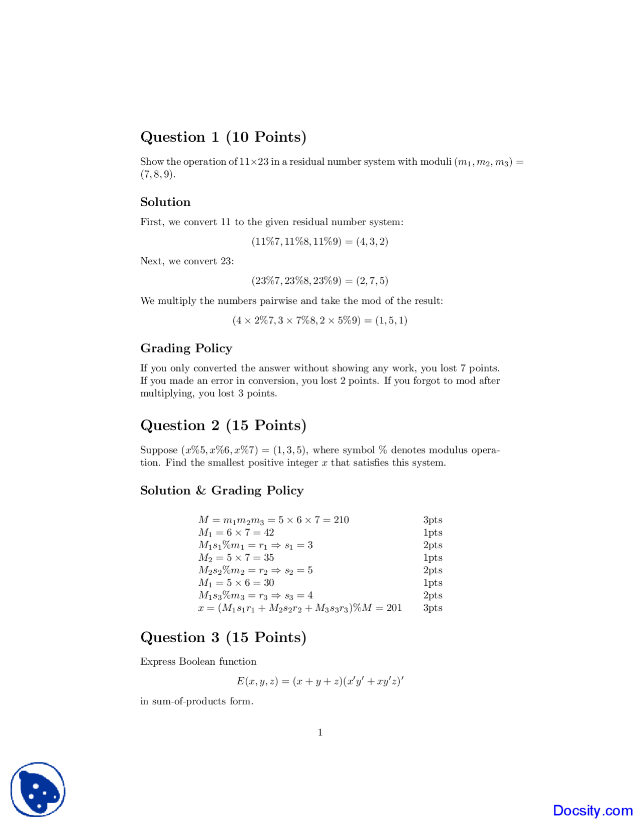 python part 1 notes | pdf | data type | variable... Residual Number System - Discrete Mathematics - Solved Exam - Docsity