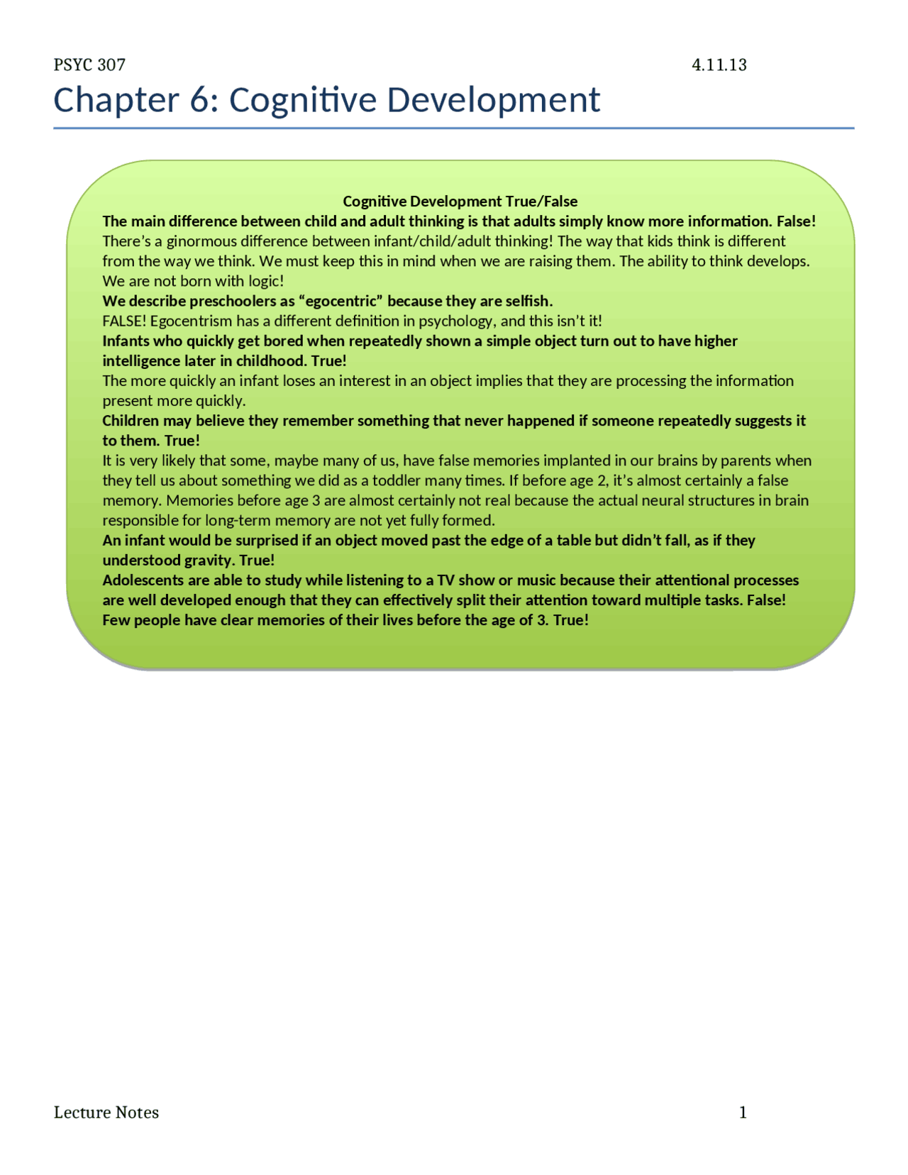 Cognitive Development - Lecture Notes | PSYC 307 | Study notes ...