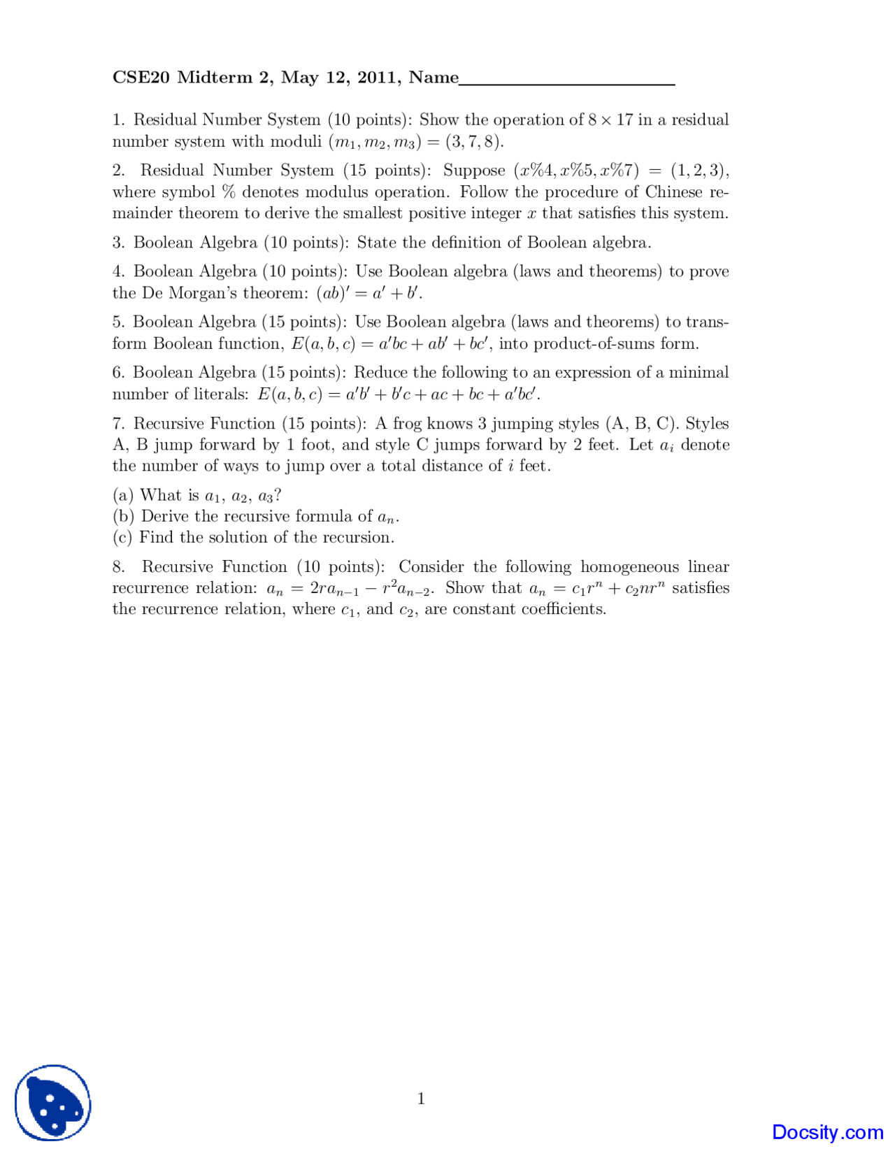 Modulus operation discrete mathematics exam docsity