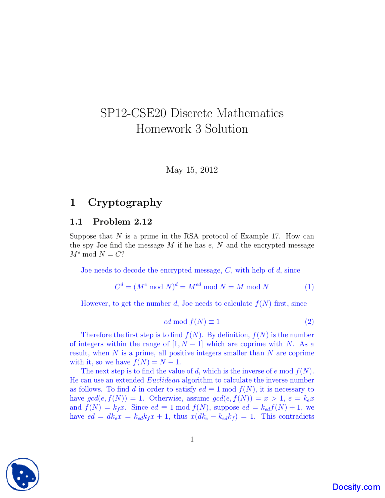 Cryptography - Discrete Mathematics - Solved Homework - Docsity