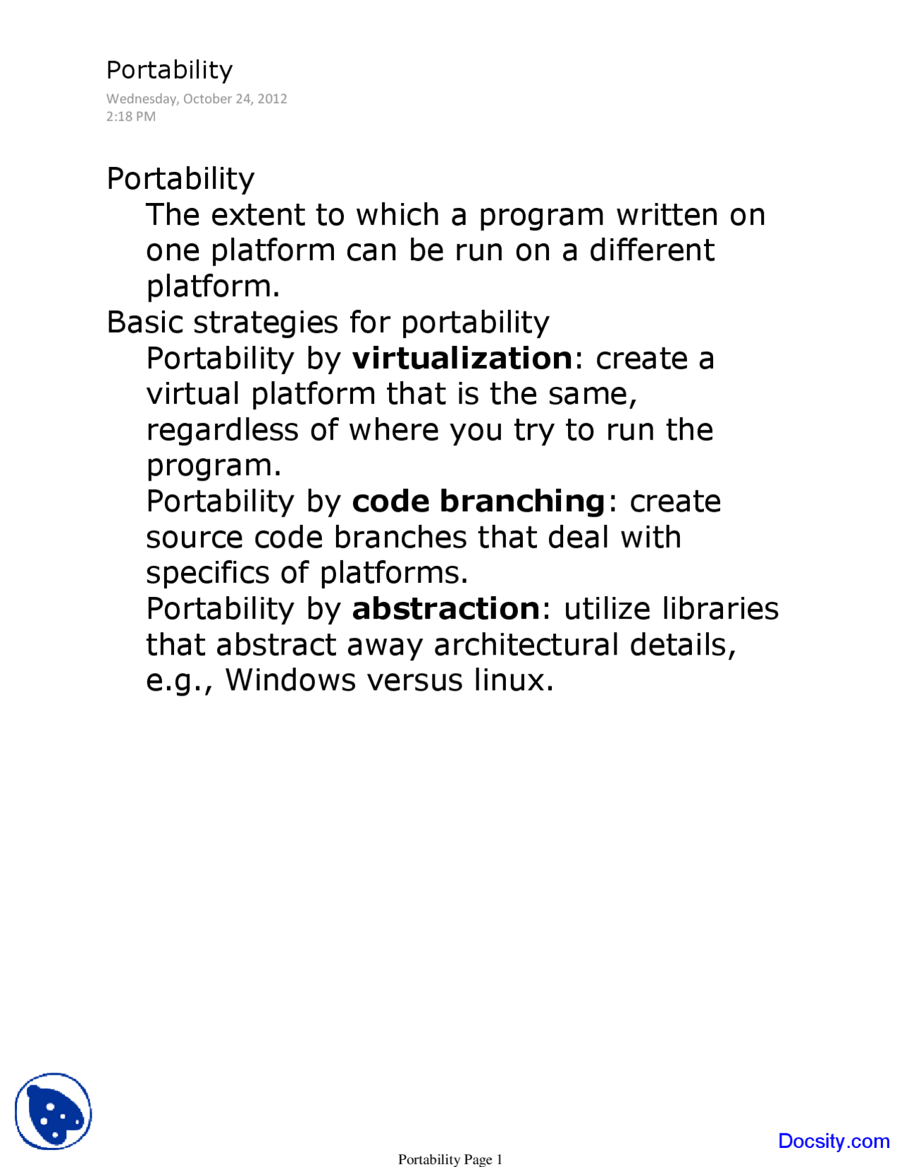 Portability - Principles of Software Development - Lecture Notes ...