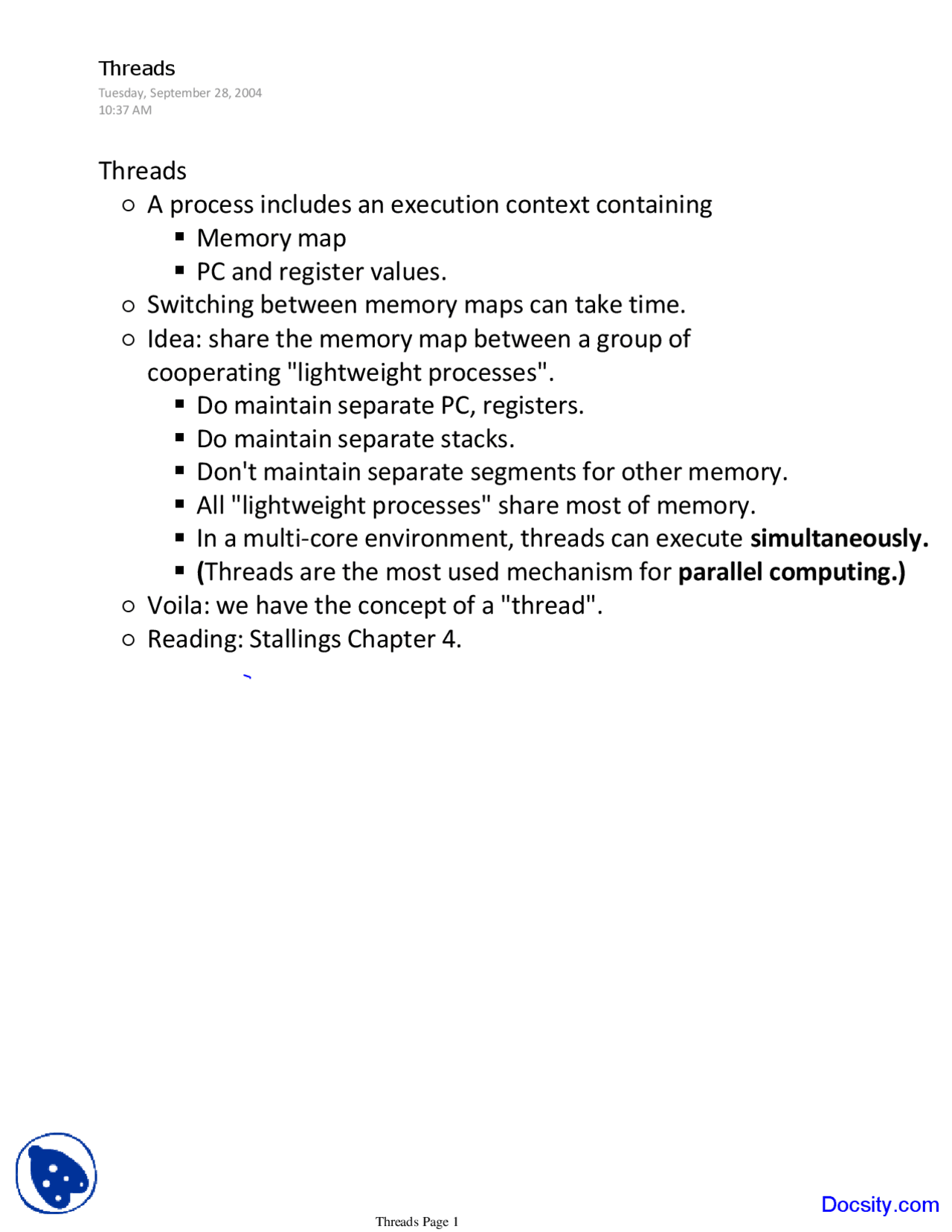 Threads - Operating Systems - Lecture Notes - Docsity