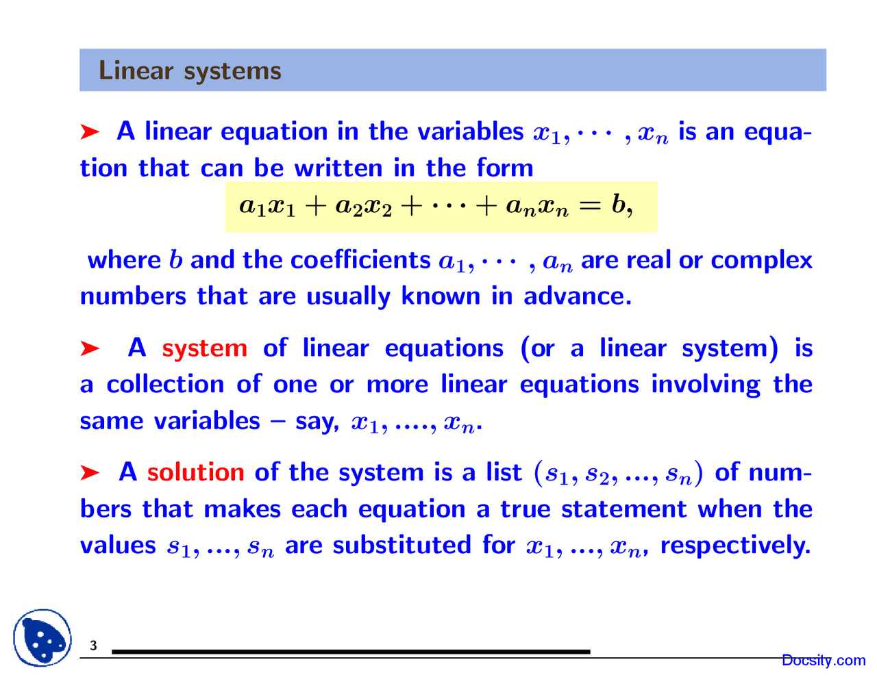 Linear Systems - Computer Sciences - Lecture Slides - Docsity