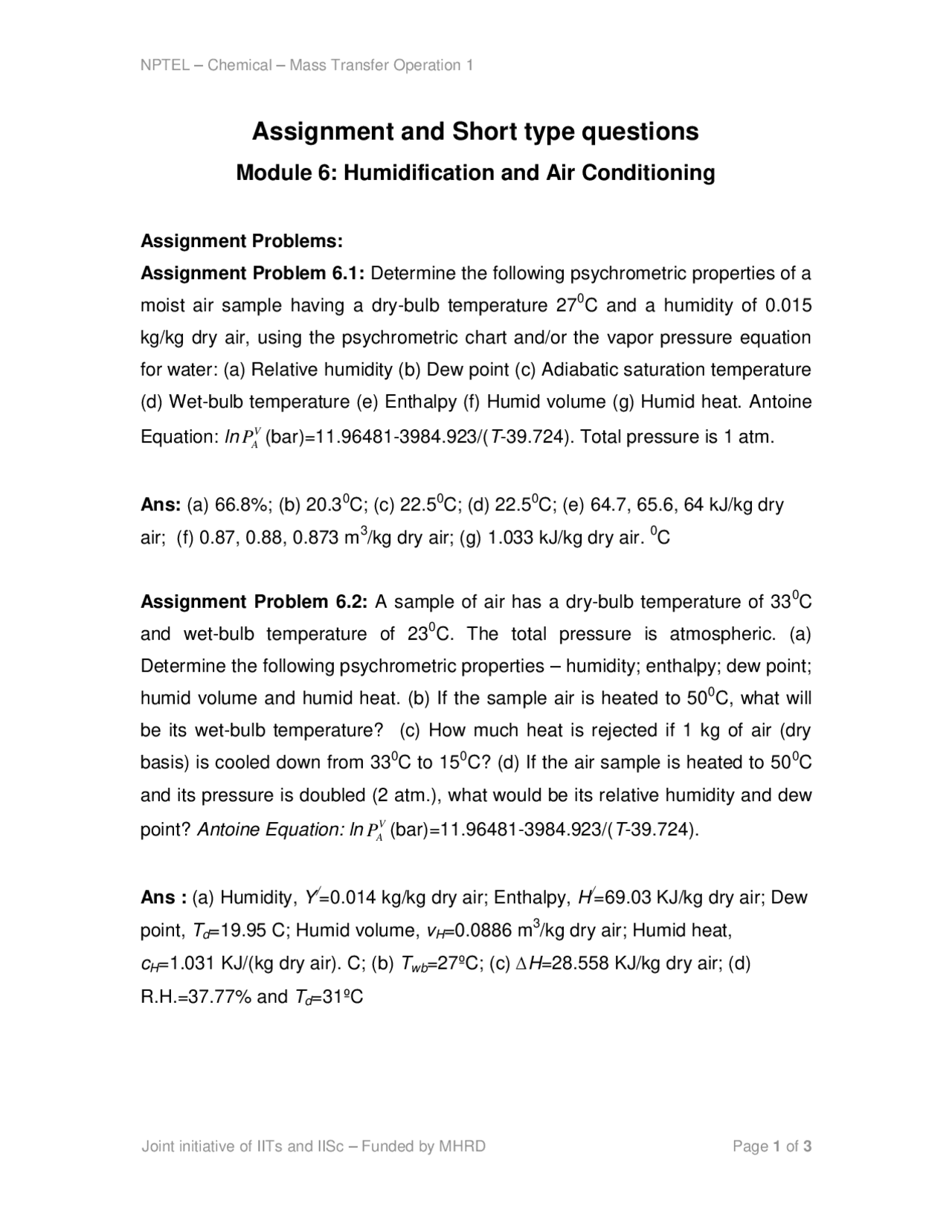 Humidification Mass Transfer Operations Lecture Notes Study notes