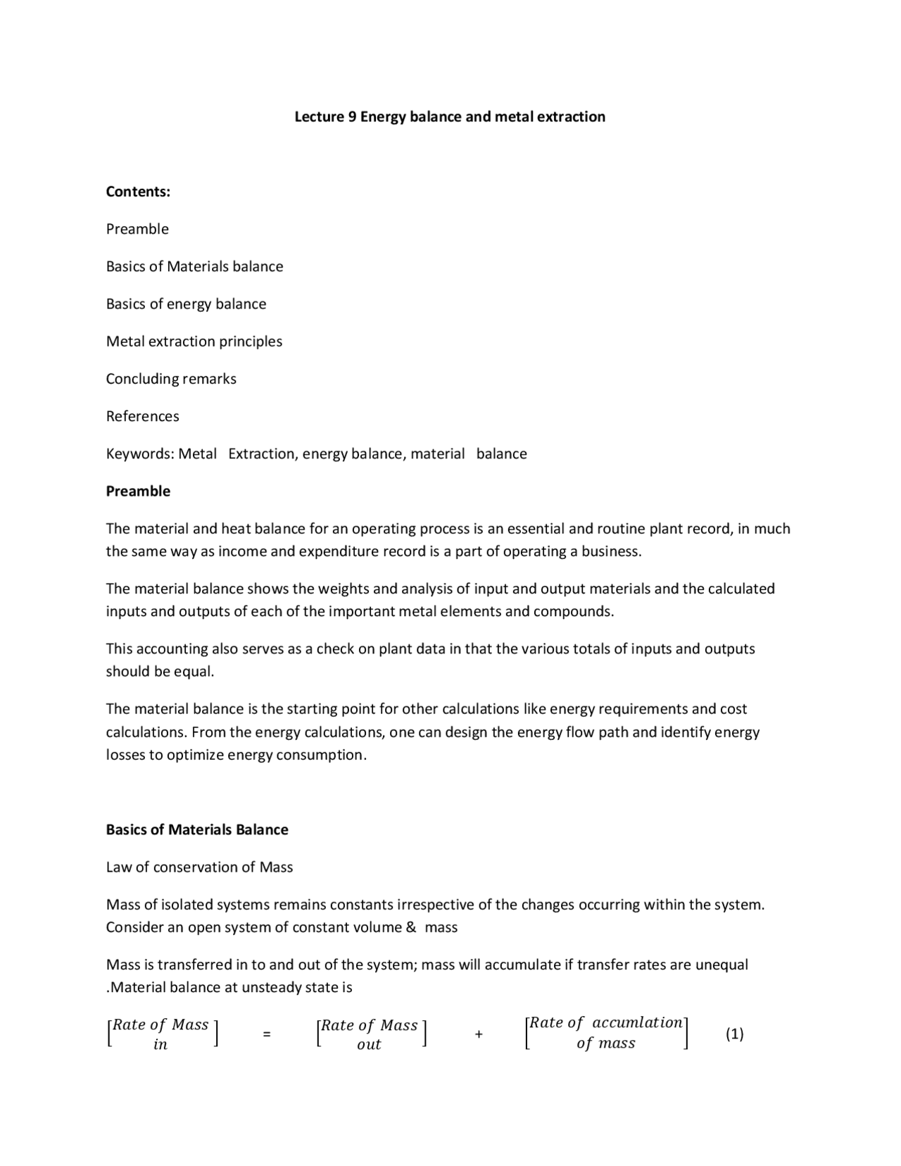 Metal Extraction Principles Materials and Heat Balance in