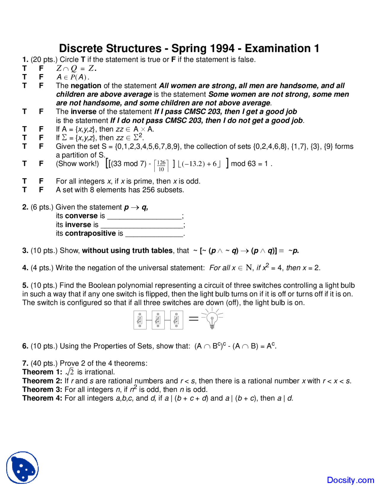 Discrete Structure Important Questions Collection of Sets - Discrete Structures - Exam - Docsity