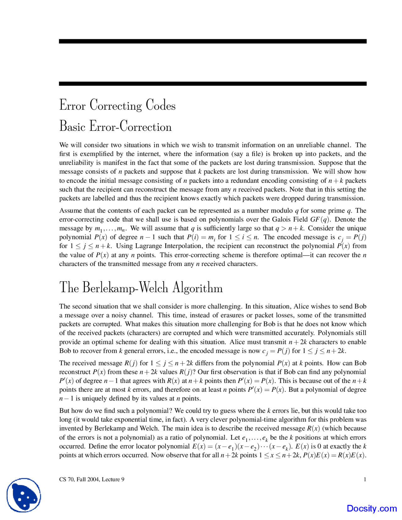 Error Correcting Codes - Discrete Mathematics and Probability Theory ...