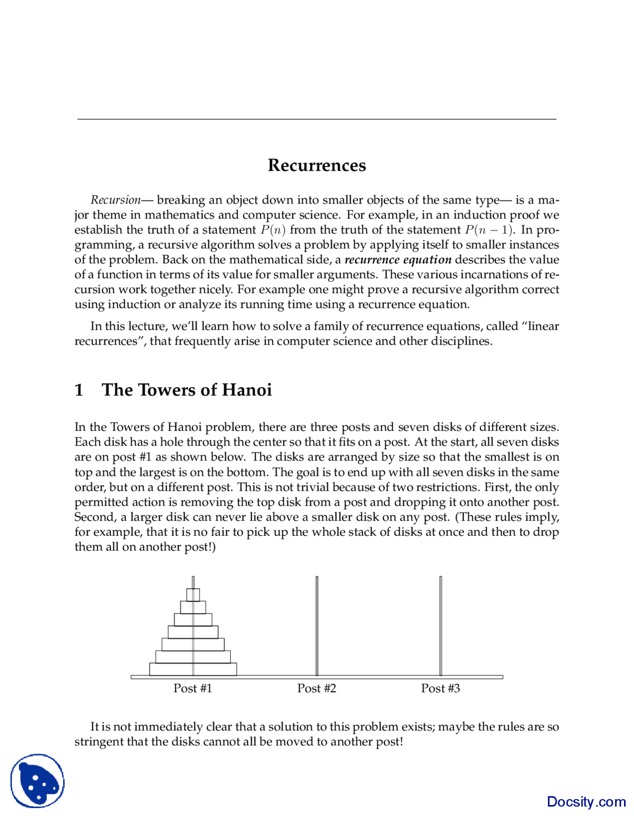 Recurrences - Mathematics for Computer Science - Lecture Slides - Docsity