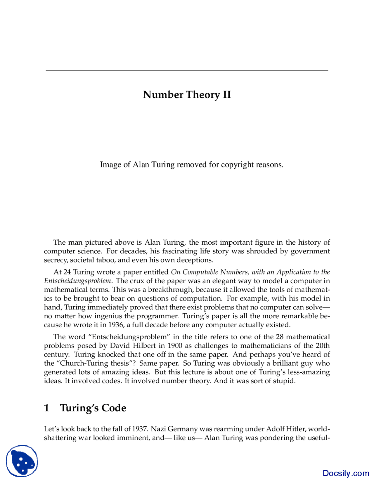 Alan Turing - Mathematics for Computer Science - Lecture Slides - Docsity