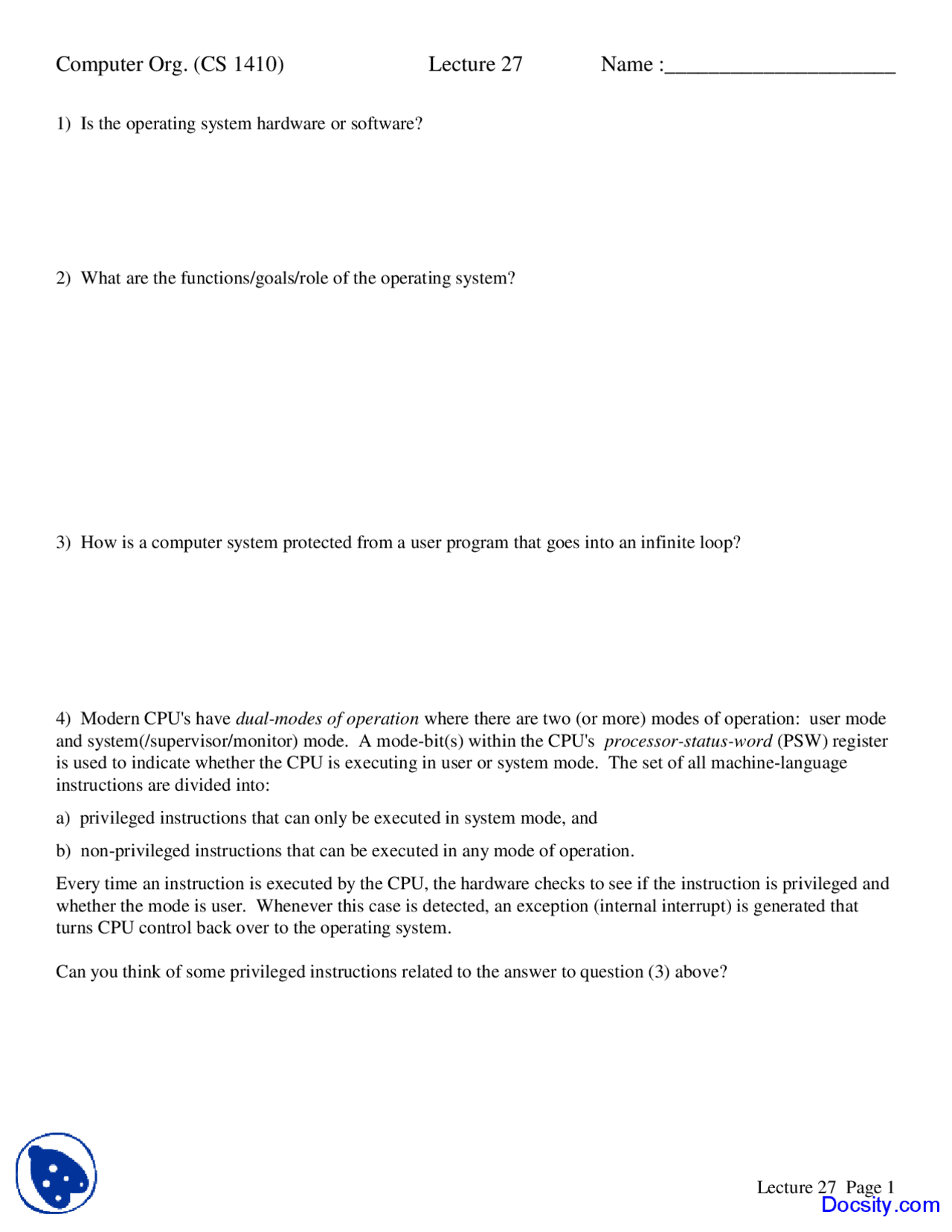 Operating System Hardware - Computer Organization - Homework - Docsity