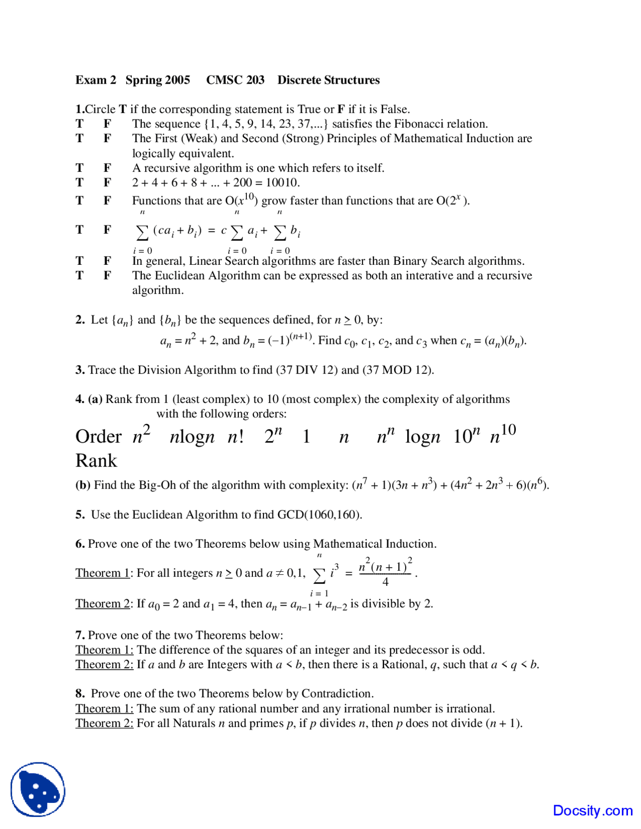 Linear Search Algorithms - Discrete Structures - Exam - Docsity