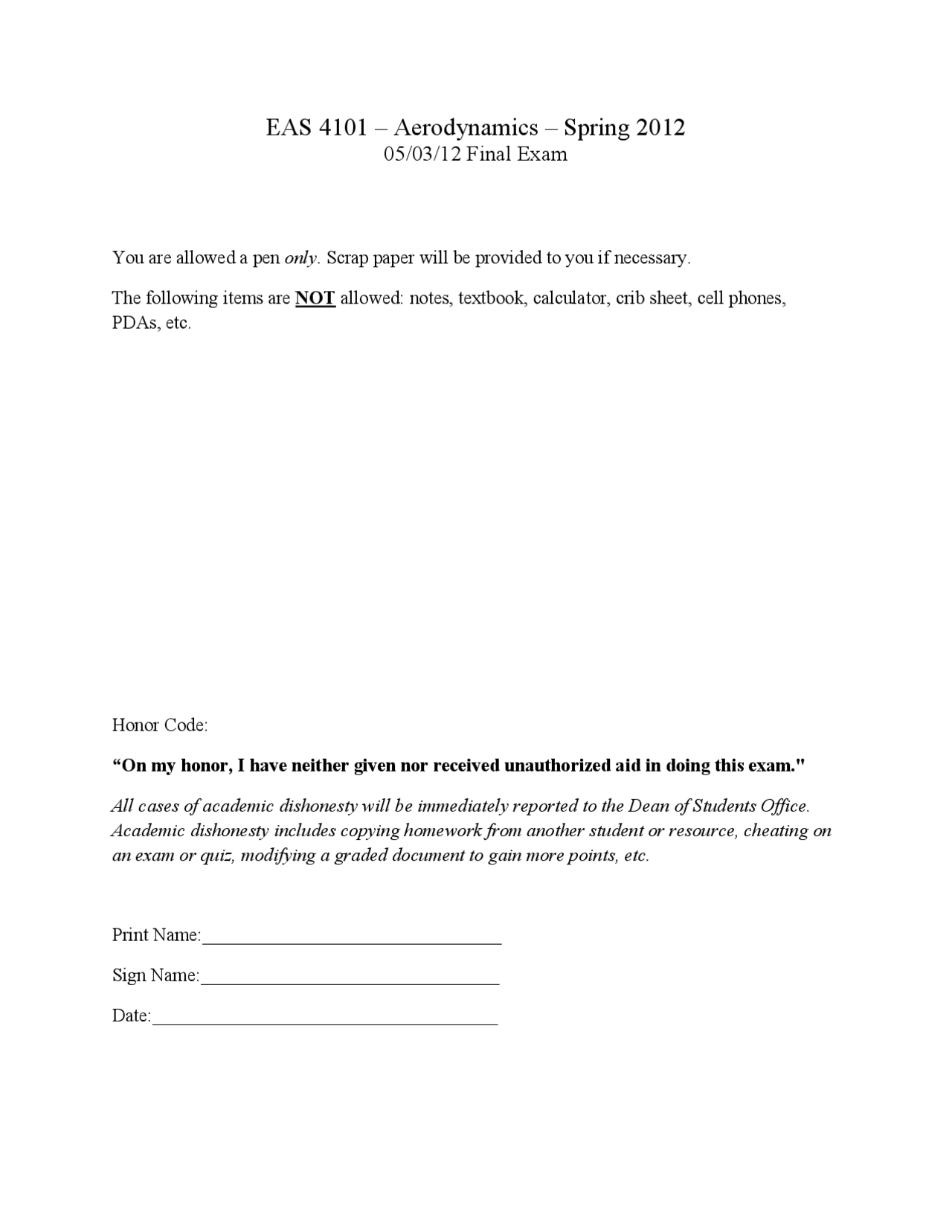 Formula Sheet and Final Exam | Aerodynamics | EAS 4101 - Docsity