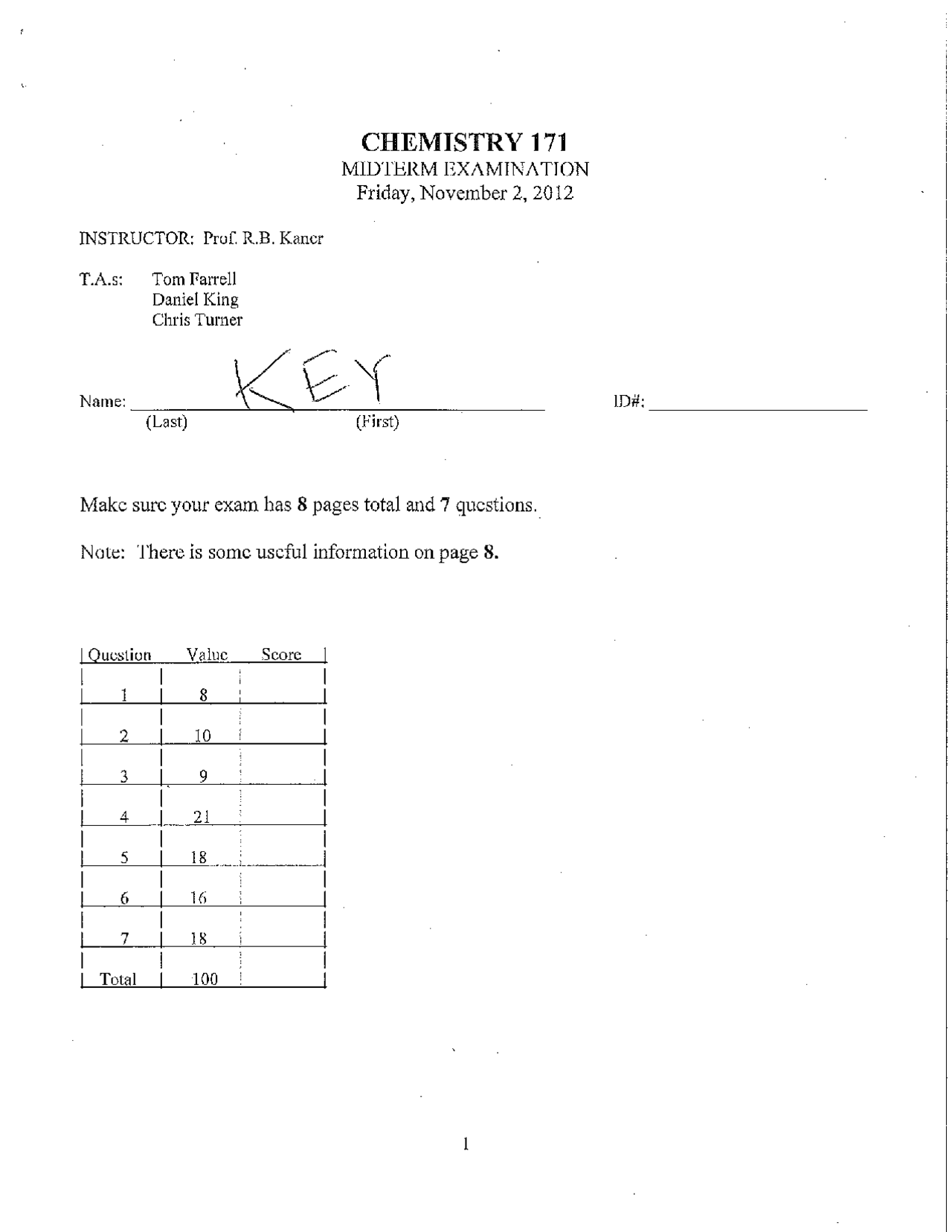 Midterm Exam Answers Key - Intermediate Inorganic Chemistry | CHEM 171 ...