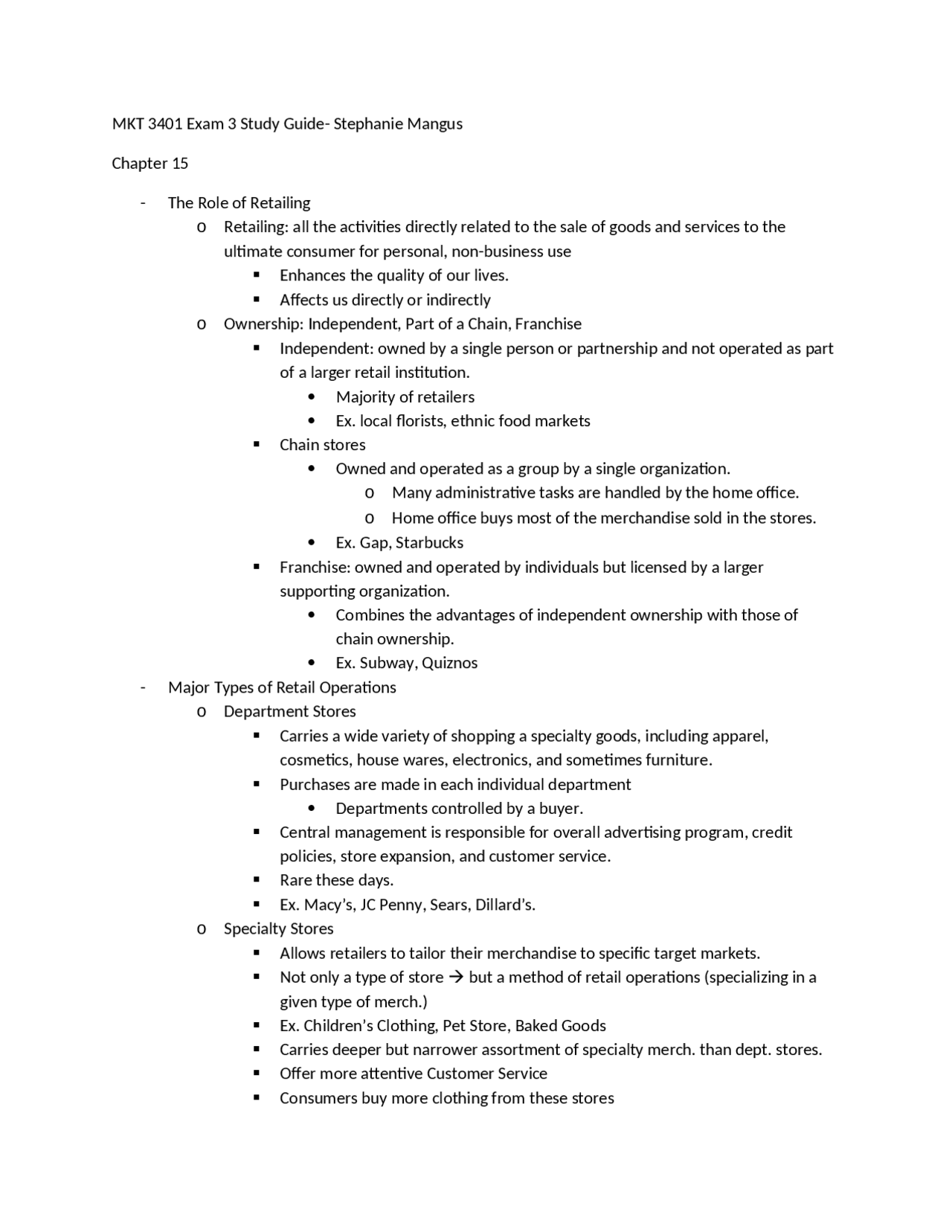 Introduction to The Role of Retailing - Study Guide | MKT 3401 - Docsity