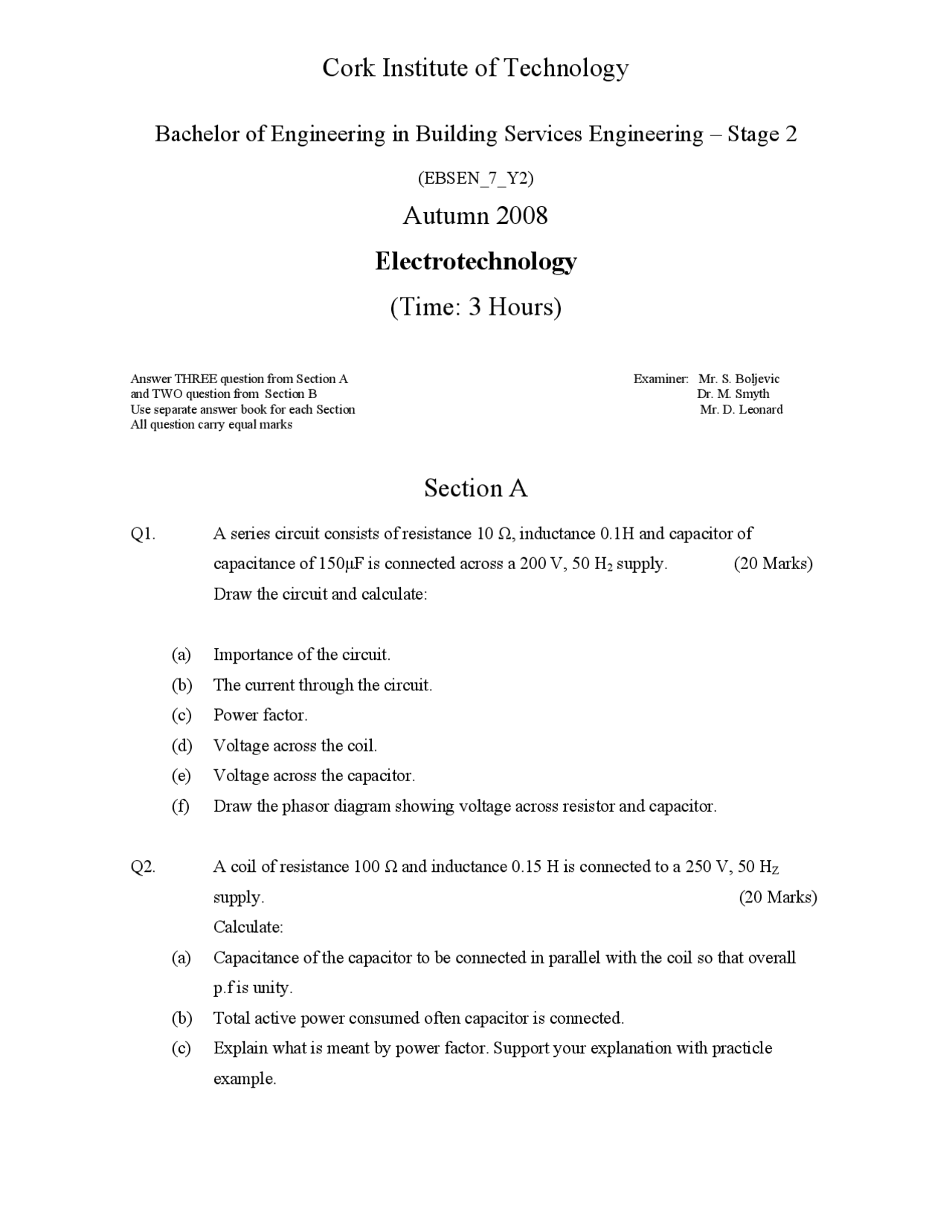 Power Tech Technology Math Exam Active Power - Electrotechnology - Past Exam Paper - Docsity