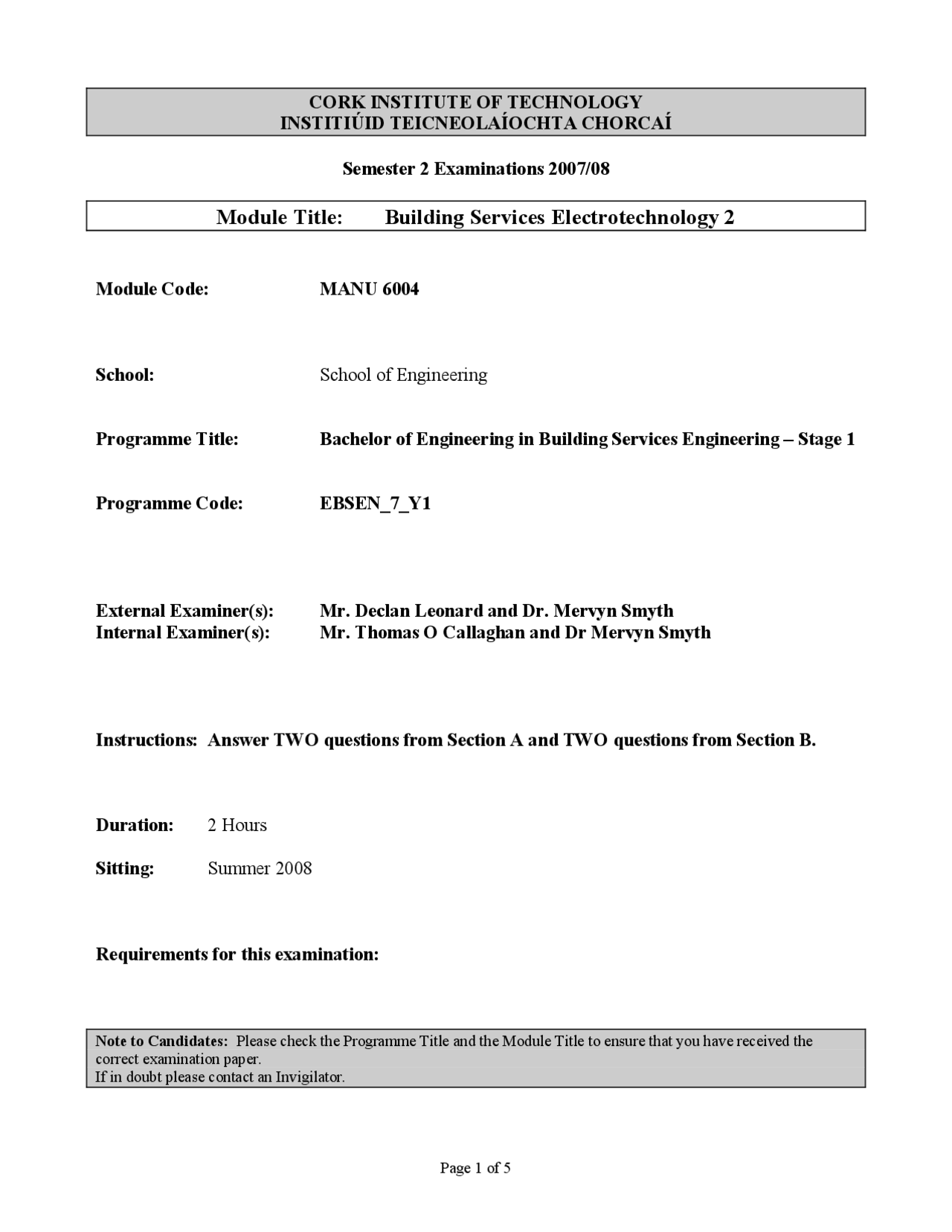 Maximum Value - Building Services Electrotechnology - Past Exam Paper ...