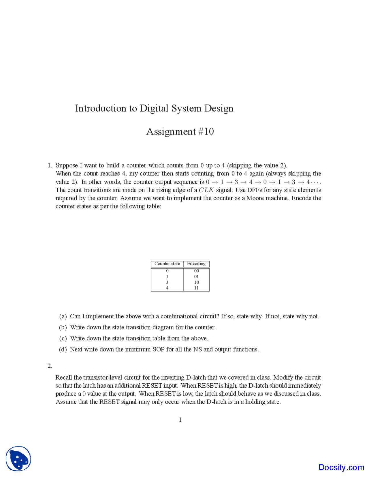 Counter - Introduction to Digital Systems Design - Homework Questions ...
