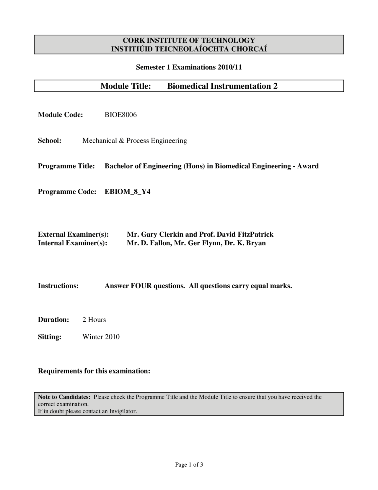 Calibration Method Biomedical Instrumentation Past Exam Paper