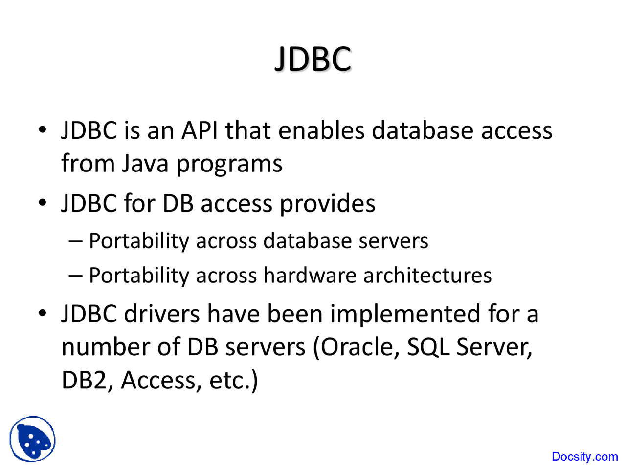 JDBC - Advanced Database Systems - Lecture Slides - Docsity
