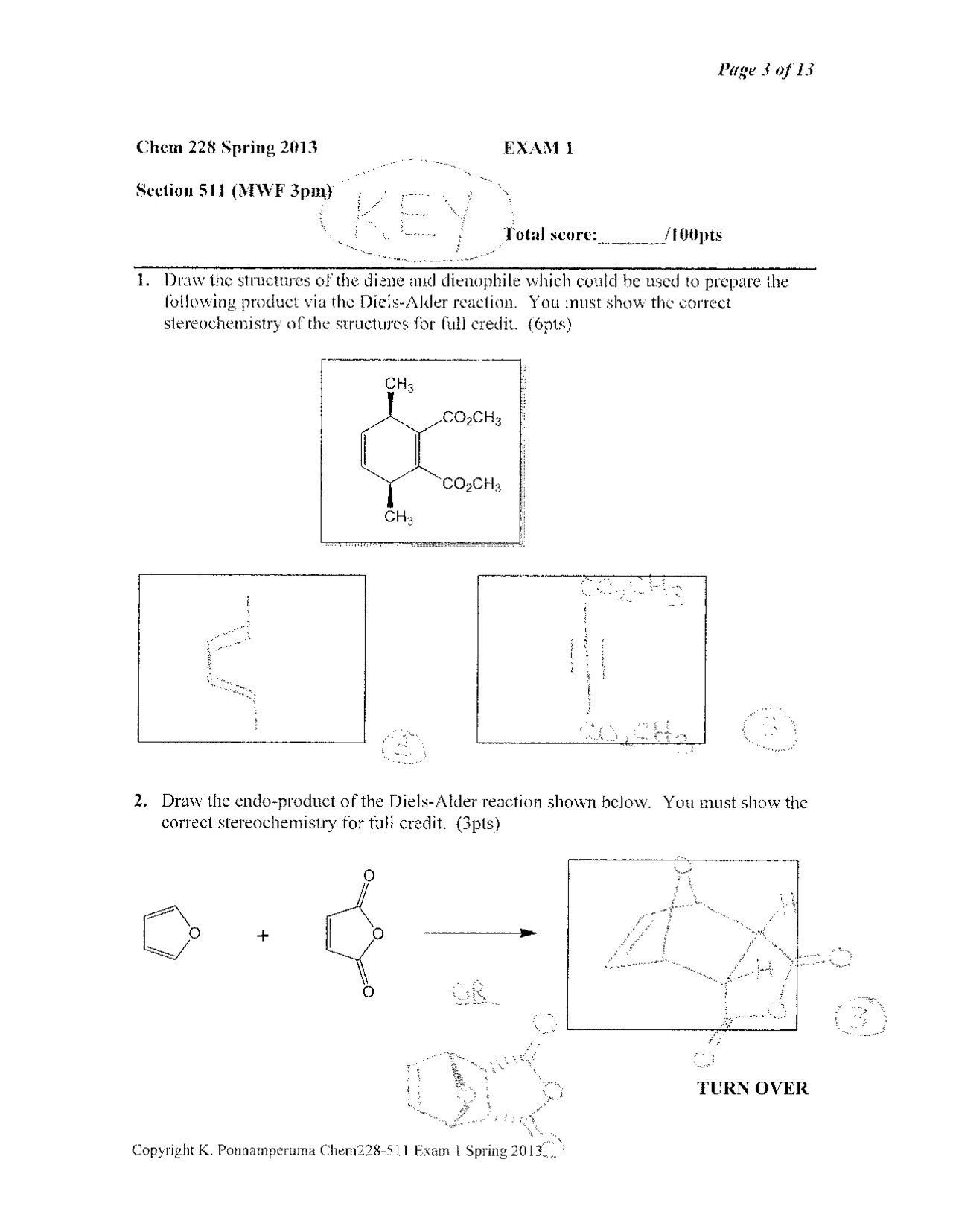 Exam 1 Solution - Organic Chemistry II - Spring 2013 | CHEM 228 - Docsity