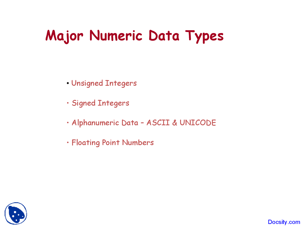 Major Numeric Data Types - Machine Organization - Lecture Slides - Docsity