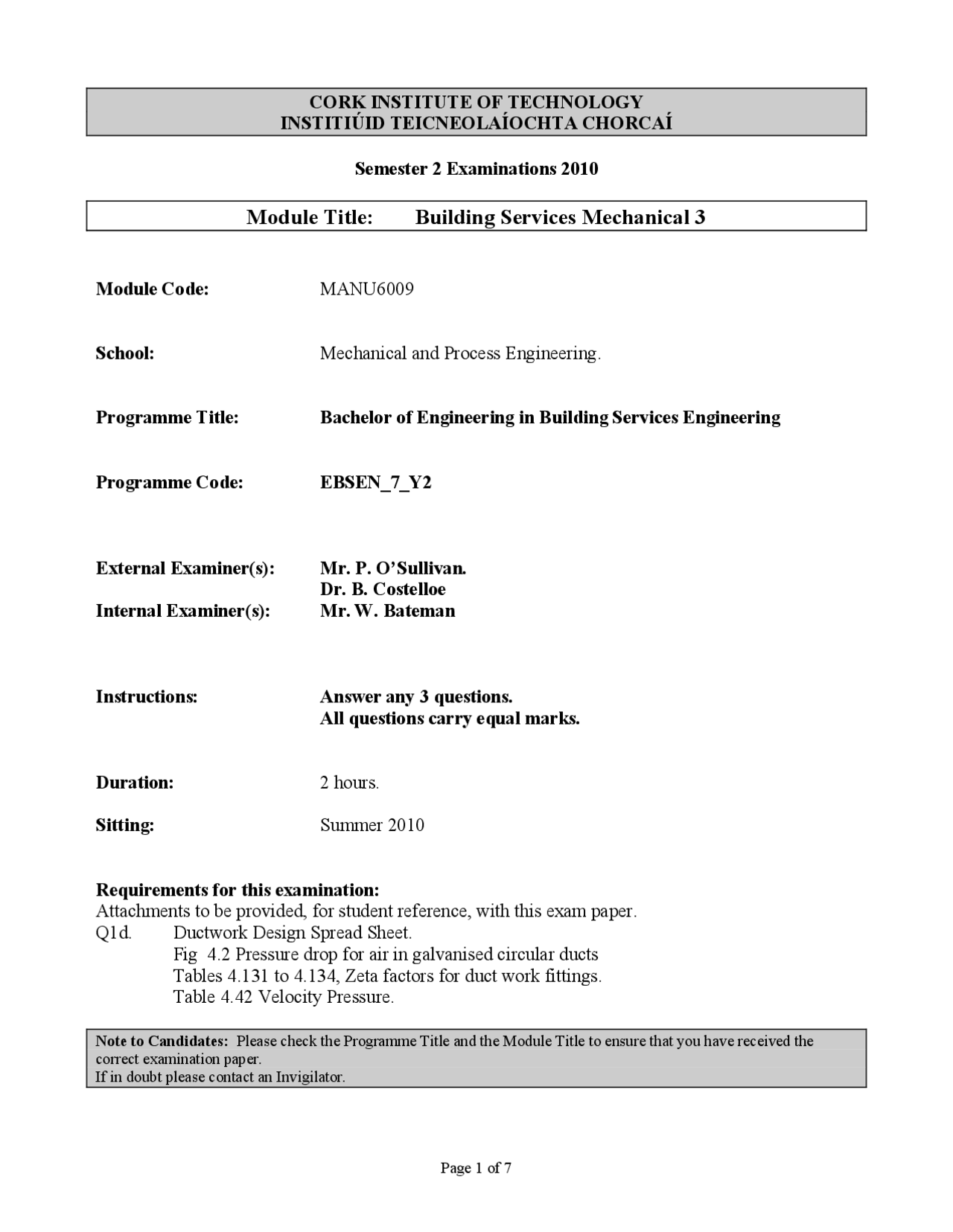 Computer Lab - Building Services - Mechanical - Past Exam Paper - Docsity