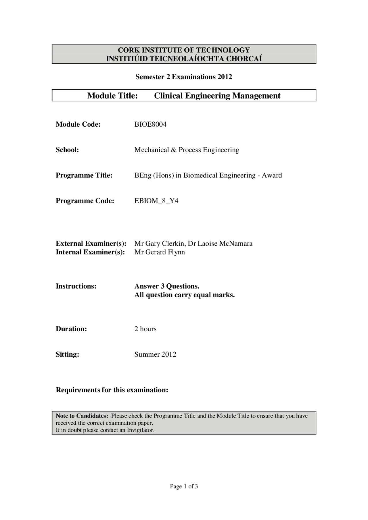 Engineering Dept Clinical Engineering Management Past Exam Paper