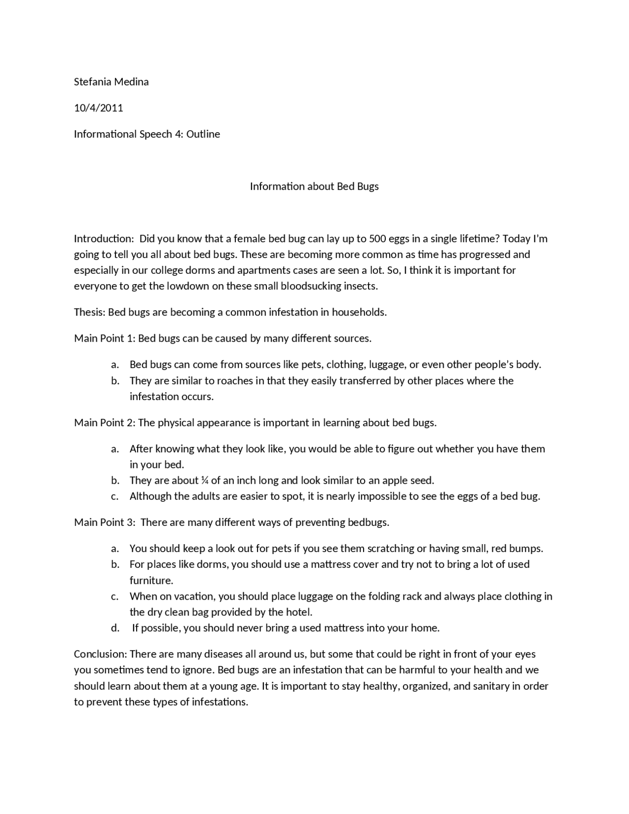 Information about Bed Bugs – Informational Speech - Note | SPCM 1100 ...