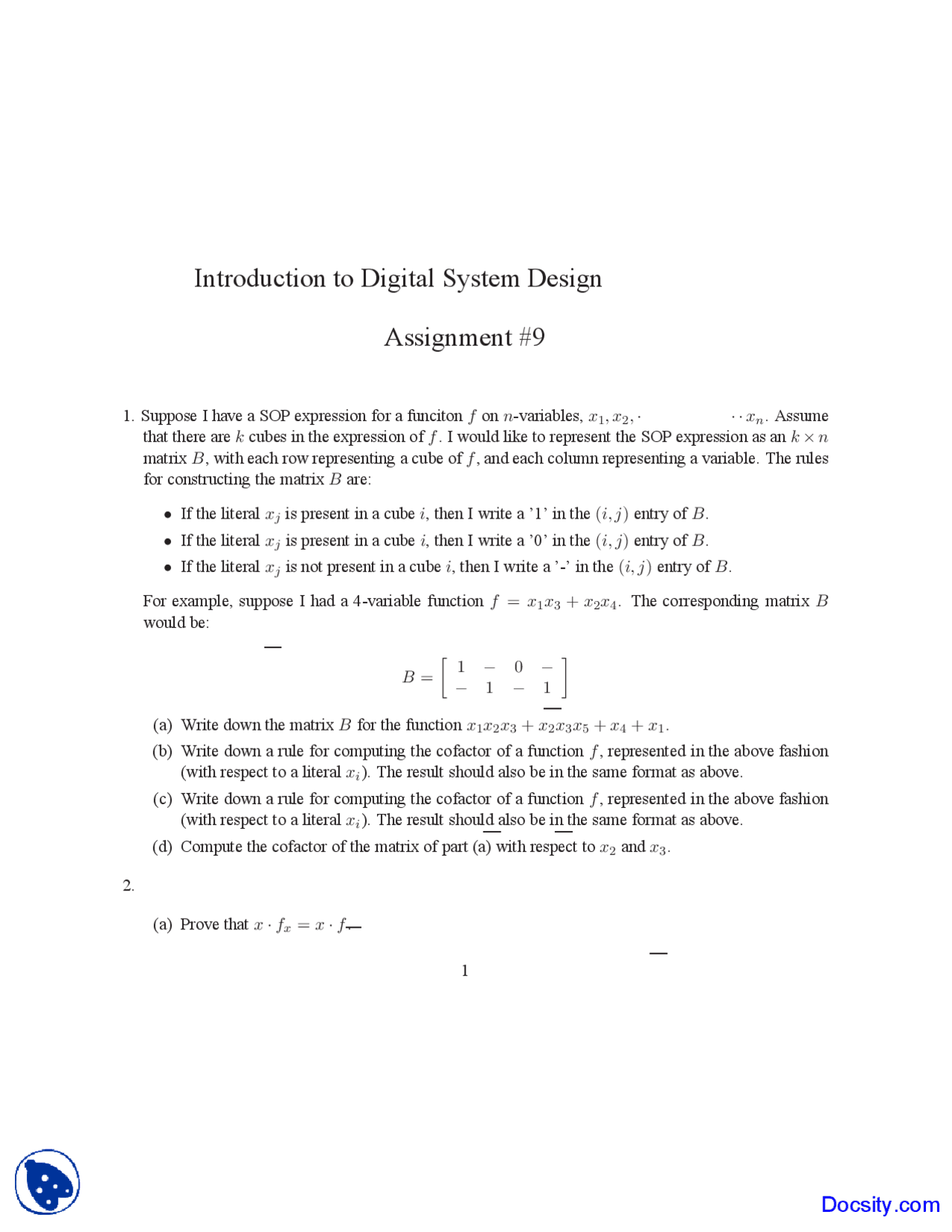 Matrix - Introduction to Digital Systems Design - Homework Questions ...