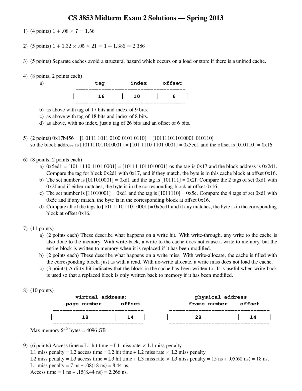 Midterm Exam 2 with Solution - Computer Architecture | CS 3853 | Exams ...